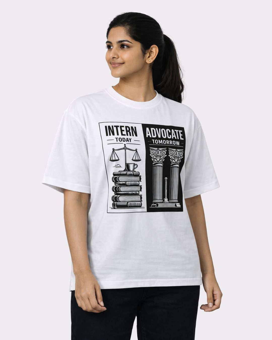 Lawyer Oversized Trendy T-Shirt For Women in white with advocate graphic print from Bandar Baant Collections