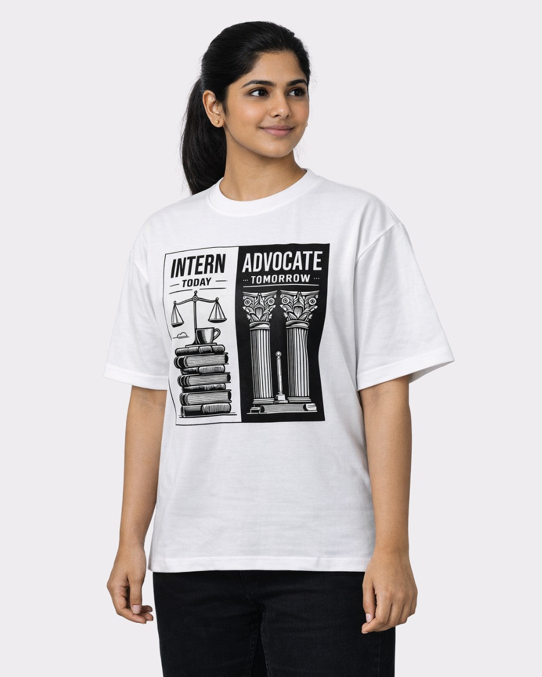 Lawyer Oversized Trendy T-Shirt For Women by Bandar Baant Collections white oversized fit tee with legal intern advocate design