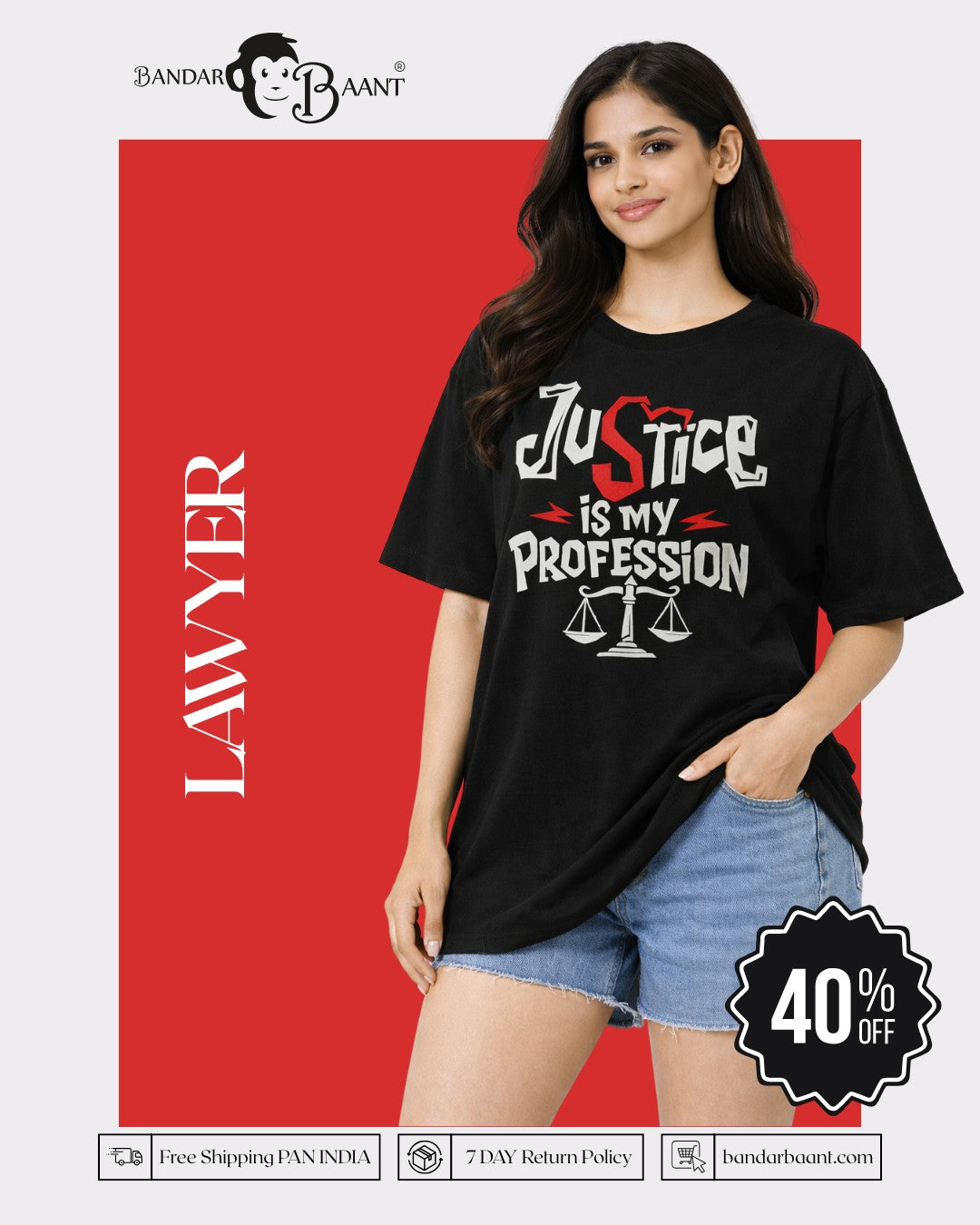Lawyer Oversized Trendy T-Shirt For Women black oversized fit tshirt with Justice is my Profession print