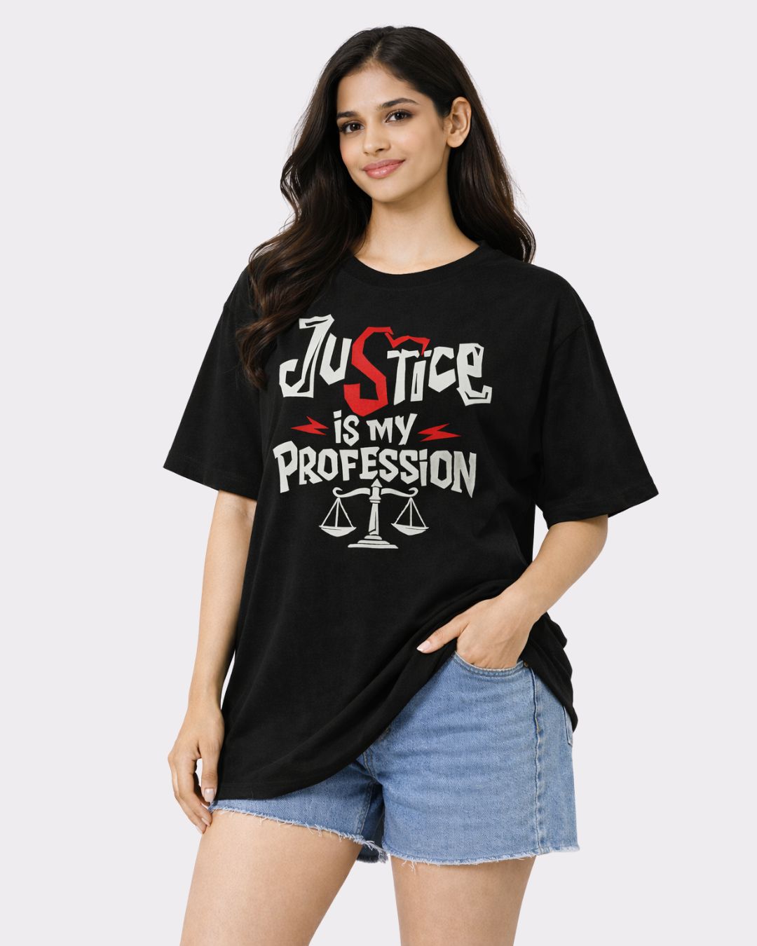 Lawyer Oversized Trendy T-Shirt For Women in black with Justice is my Profession print by Bandar Baant Collections