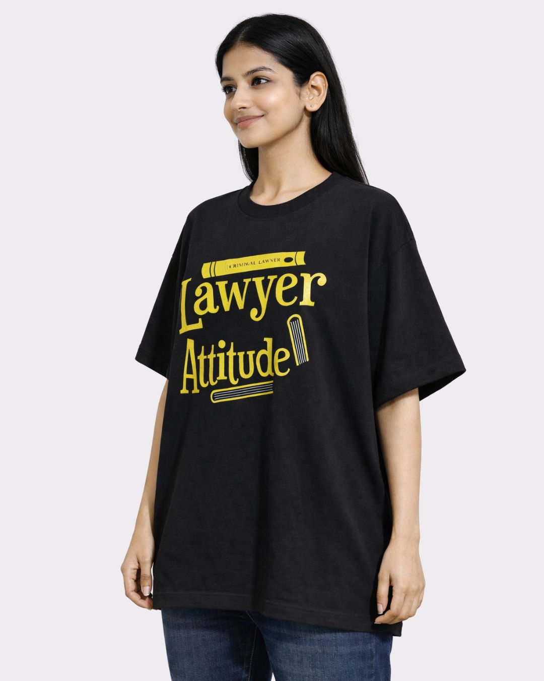 Lawyer Oversized Trendy T-Shirt For Women in black with yellow text worn by female model