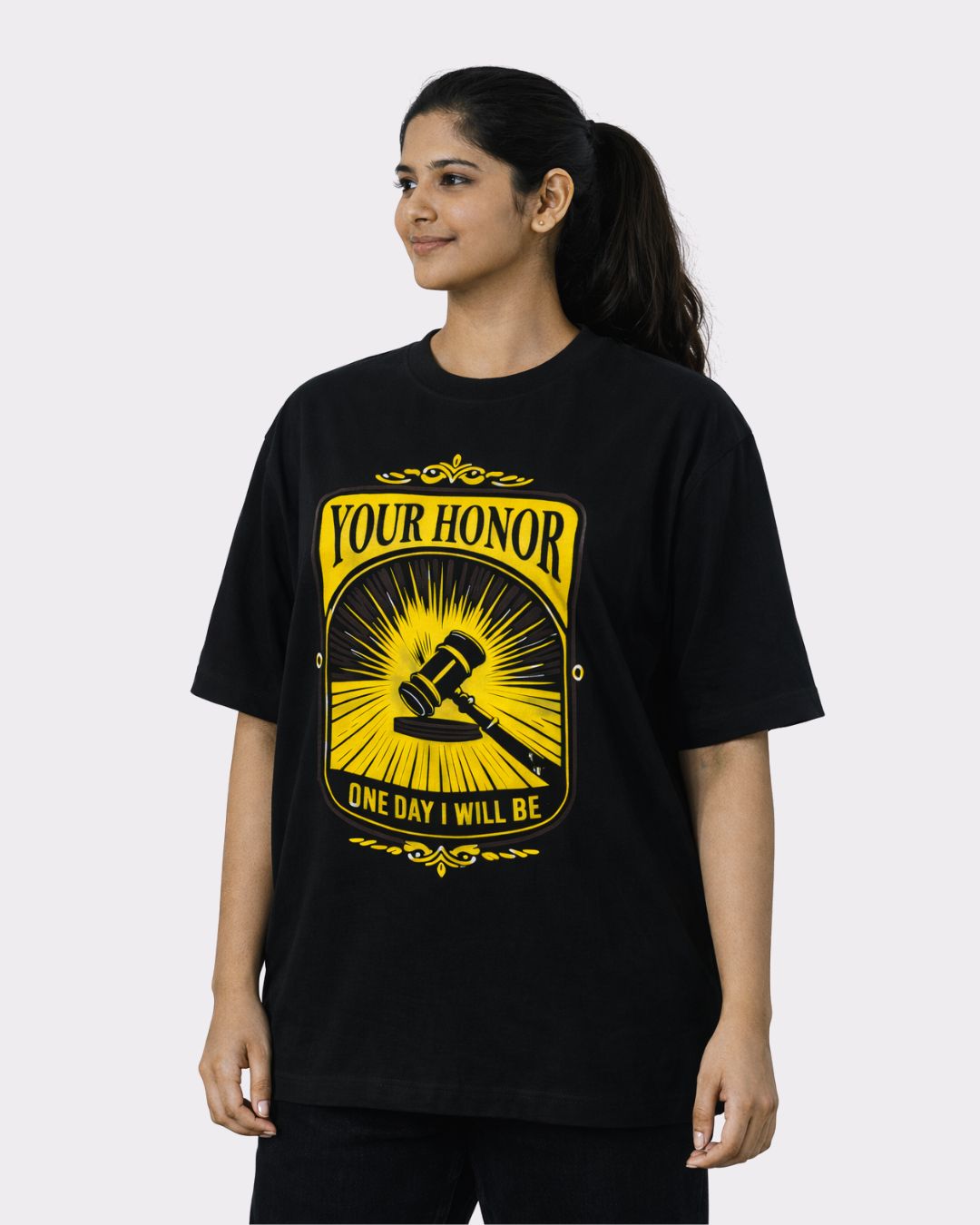 Lawyer Oversized Trendy T-Shirt For Women black oversized fit Tshirt with yellow gavel graphic