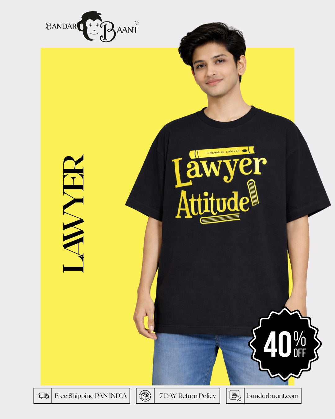 Lawyer Oversized Funky T-Shirt For Men in black with yellow text worn by male model