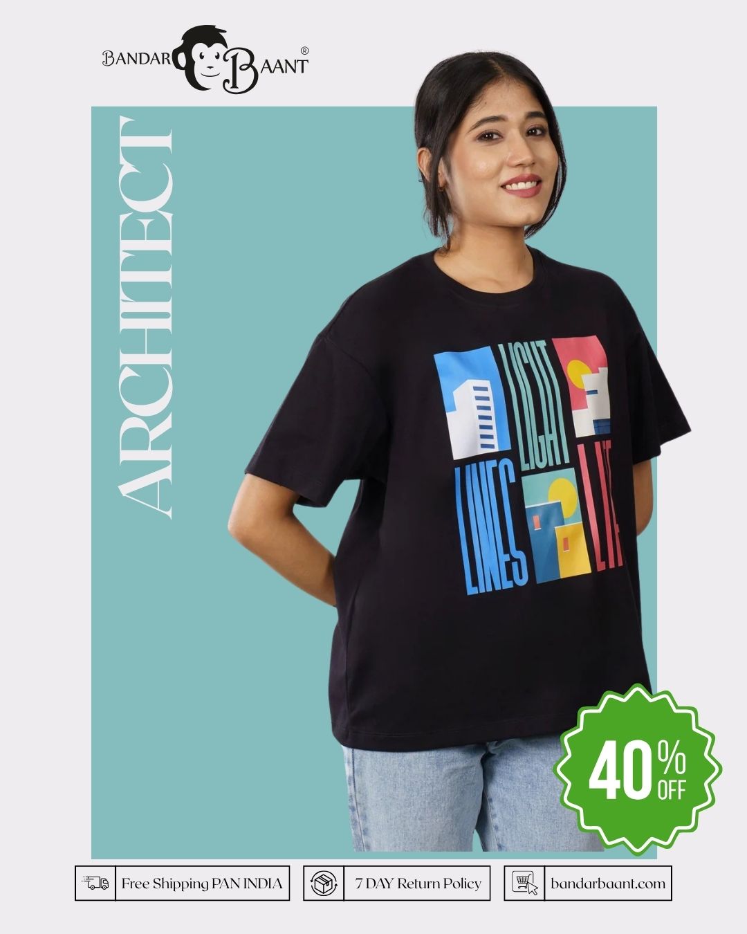 Lines Light Life Architect Oversized Printed T-shirt For Women 6