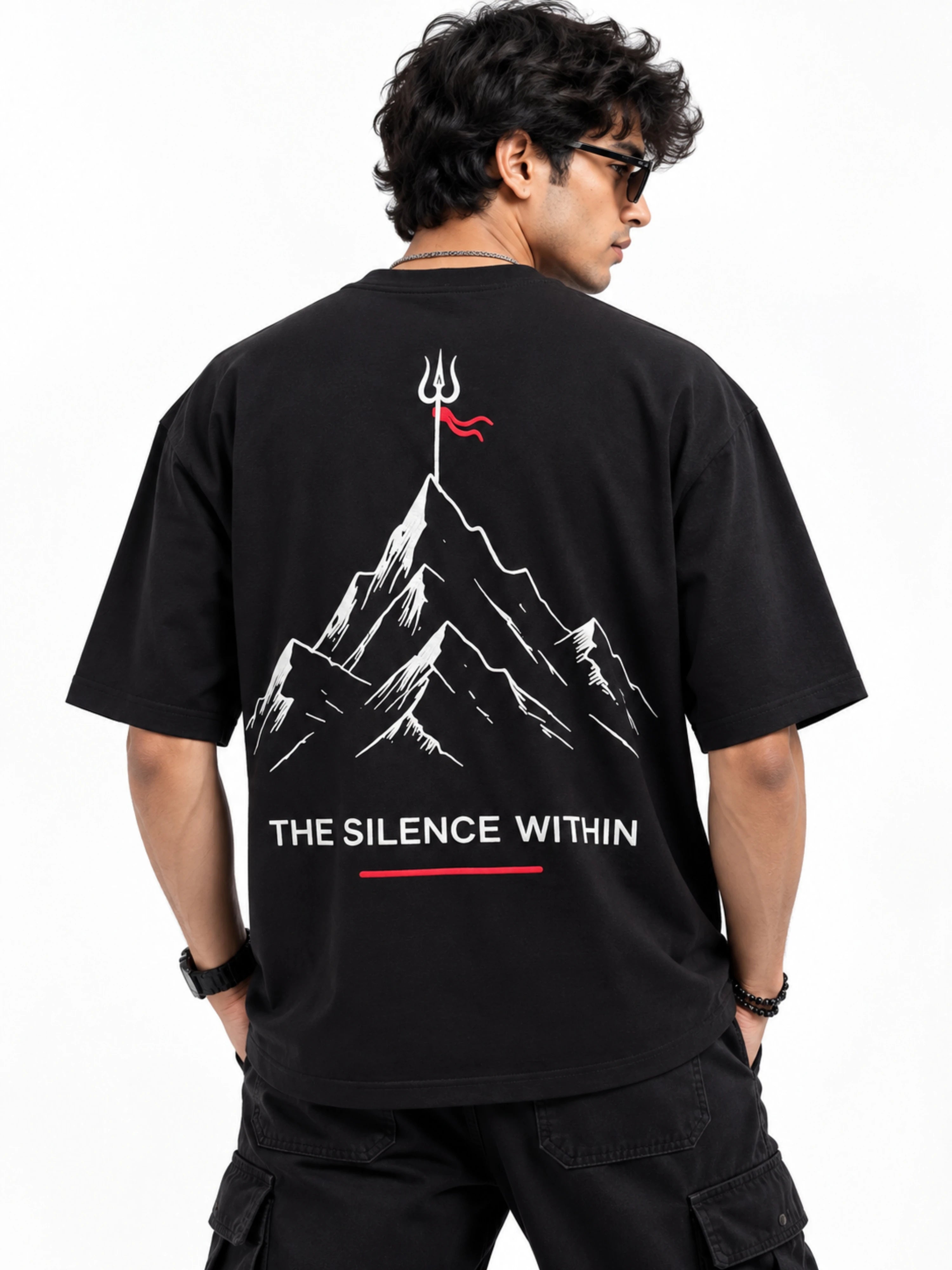Black oversized fit Lord Shiva Inspired T-shirt For Men with mountain and trident graphic on back