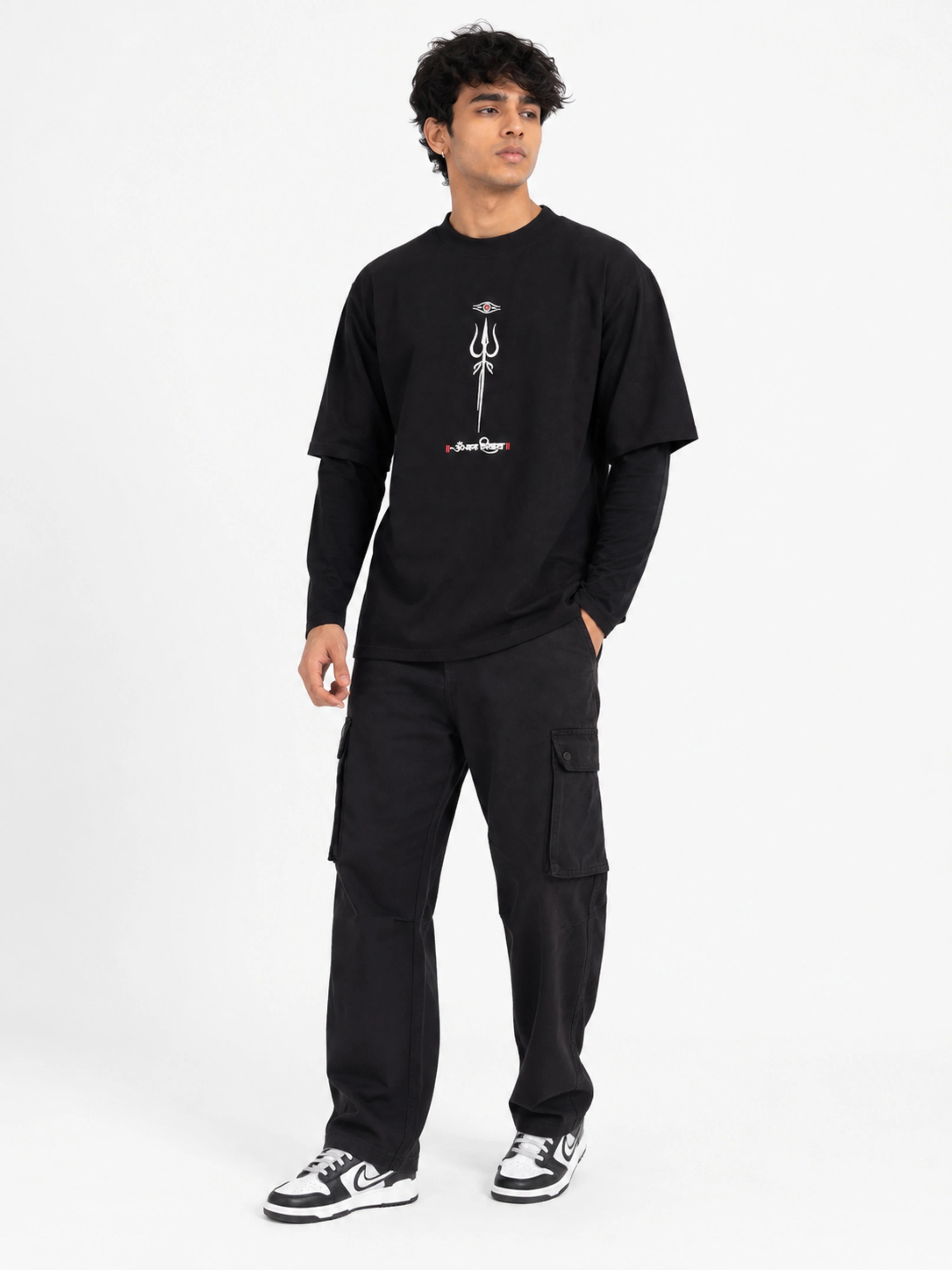 Black oversized fit Lord Shiva Inspired T-shirt For Men with trident design by Bandar Baant Collections
