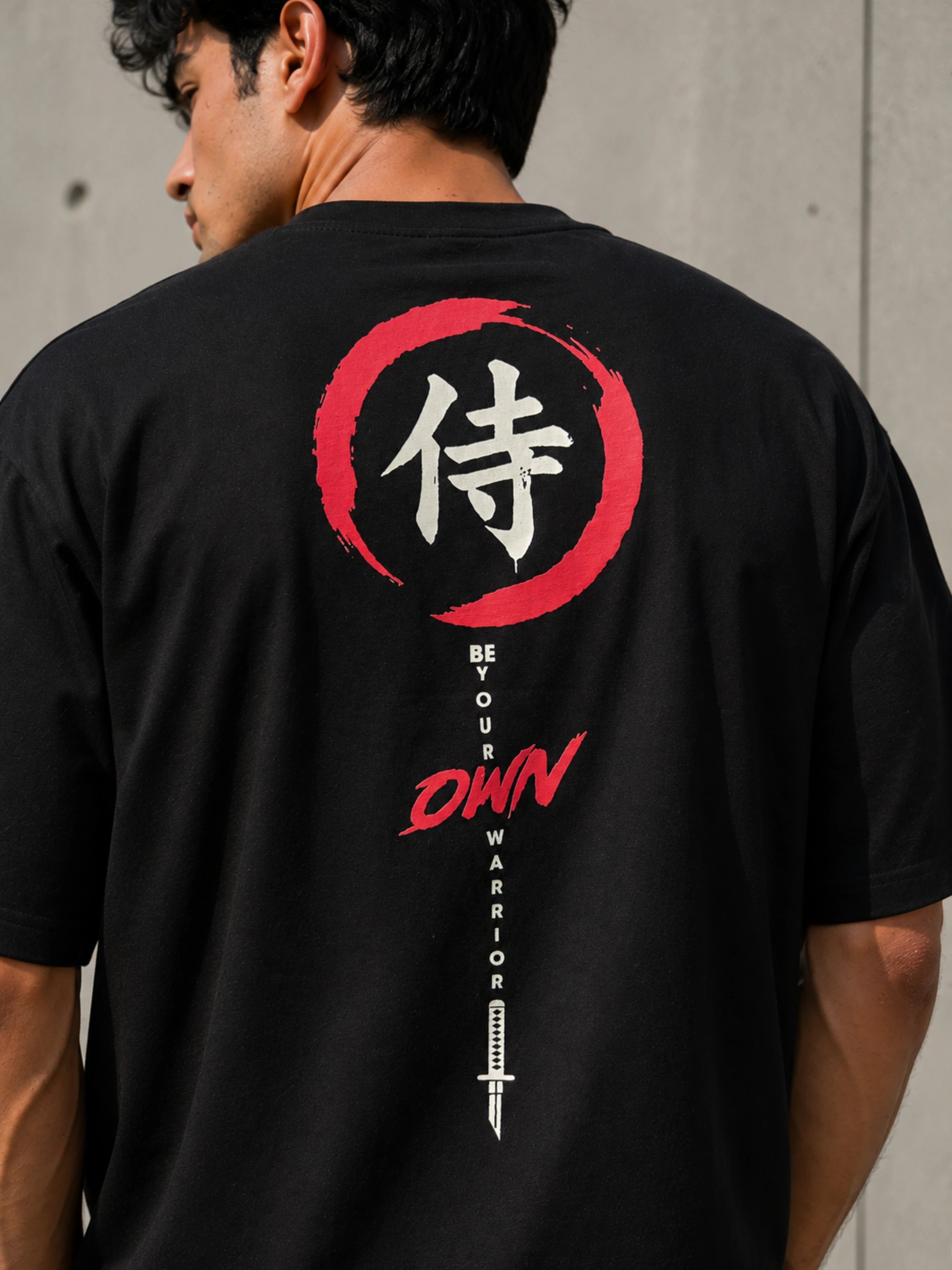 Black oversized fit Martial Artists T-shirt For Men with samurai graphic and motivational text on back