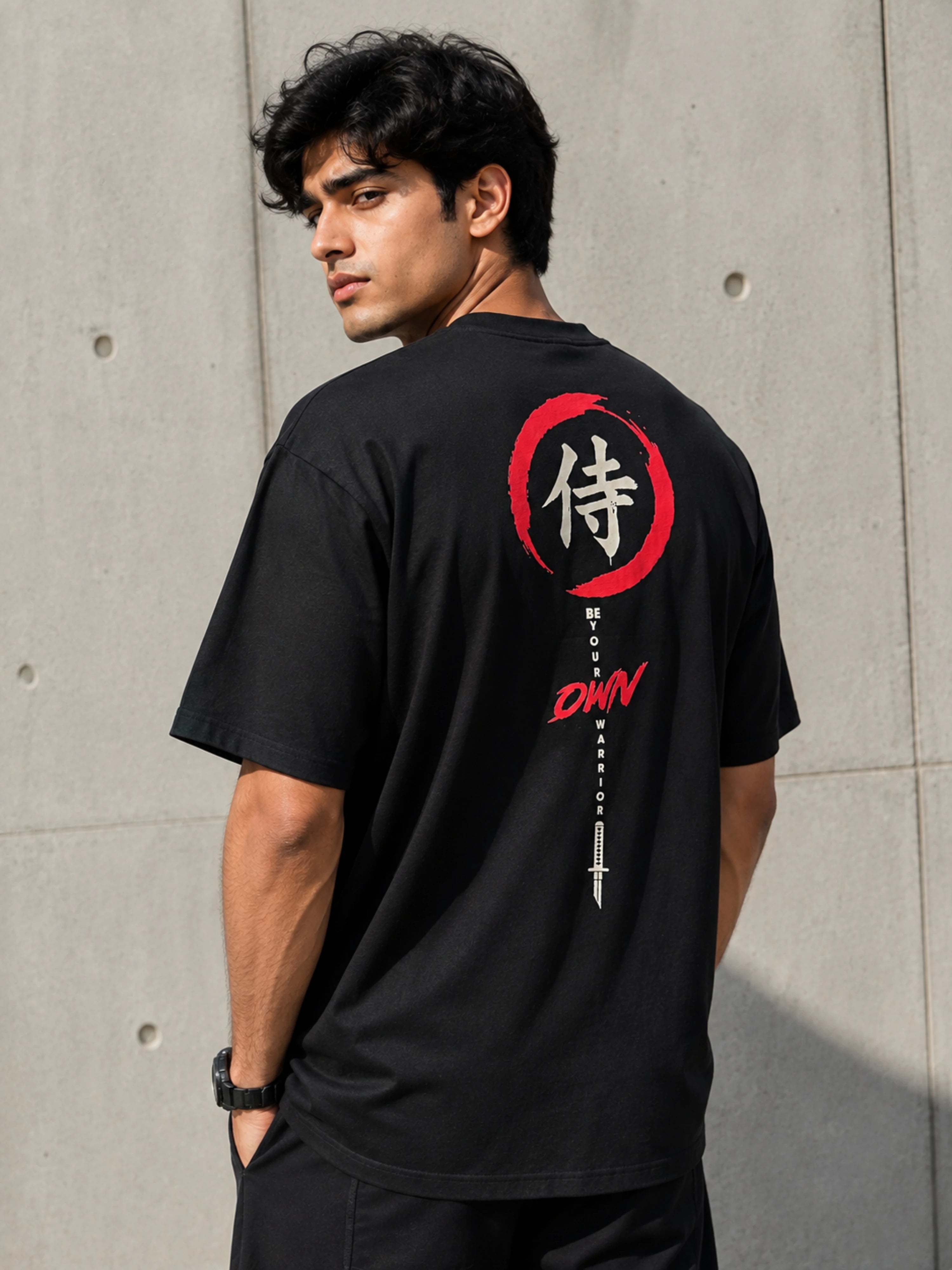 Martial Artists T-shirt For Men oversized fit black t-shirt with red and white samurai graphic on back
