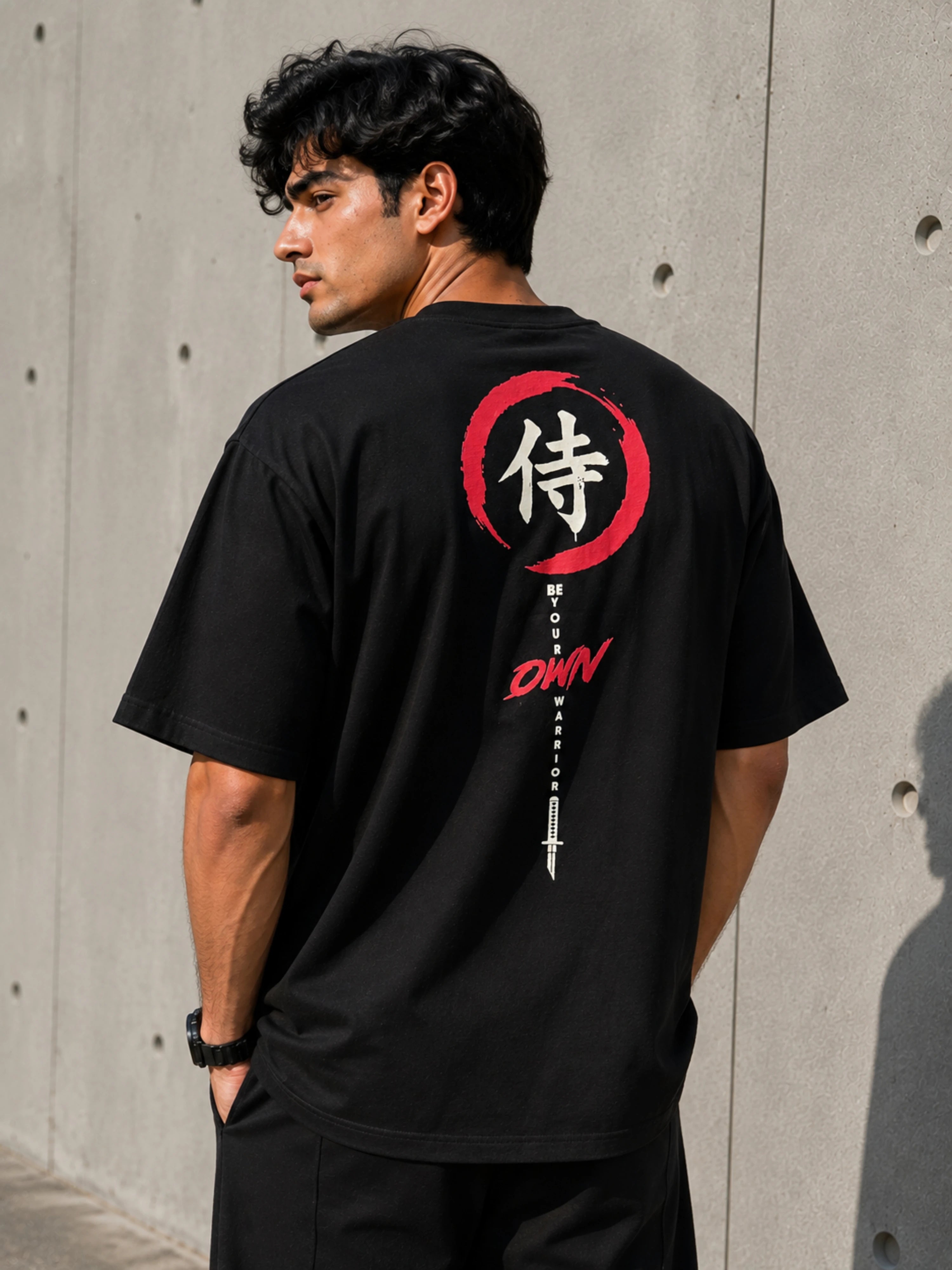 Martial Artists T-shirt For Men oversized fit black tshirt with red and white samurai design on back