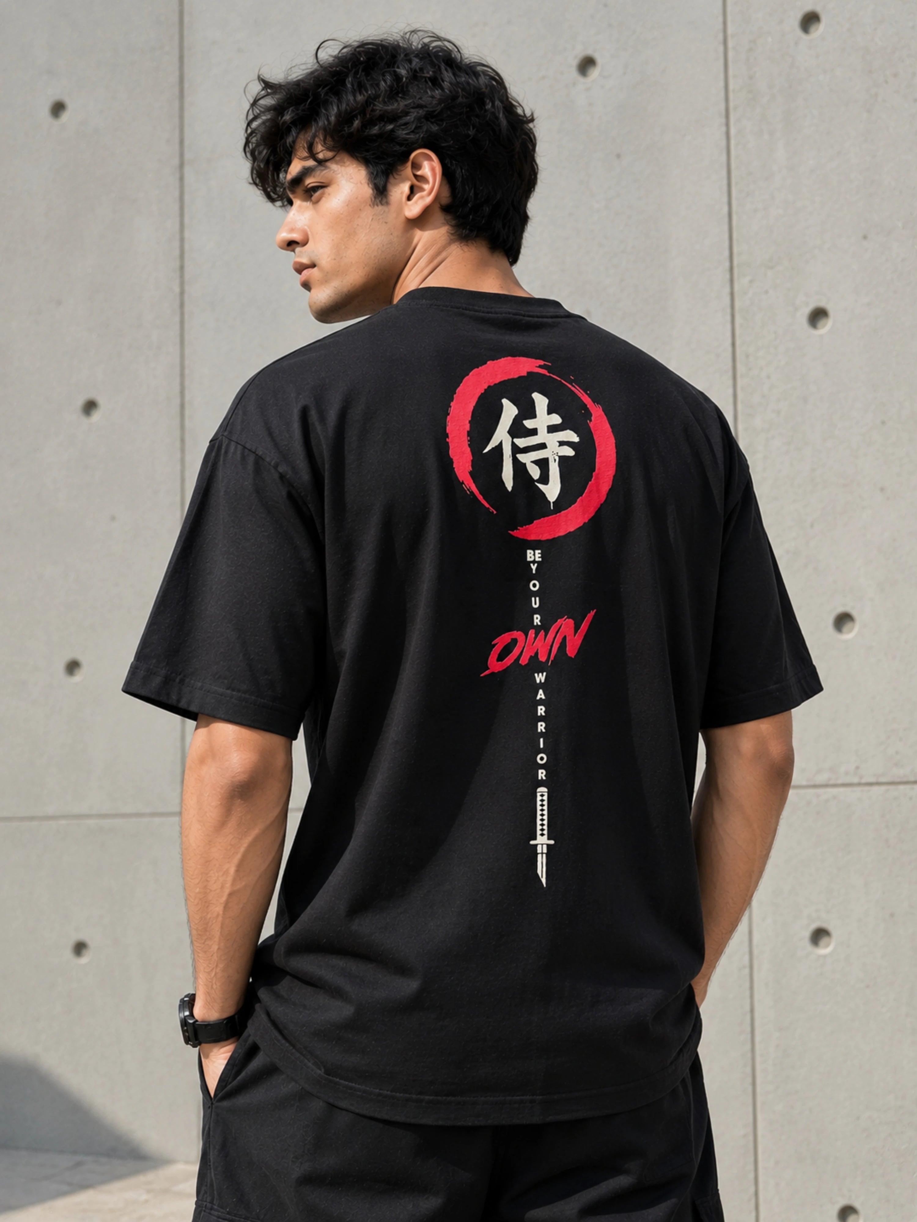 Black oversized fit Martial Artists T-shirt For Men by Bandar Baant Collections with samurai graphic design