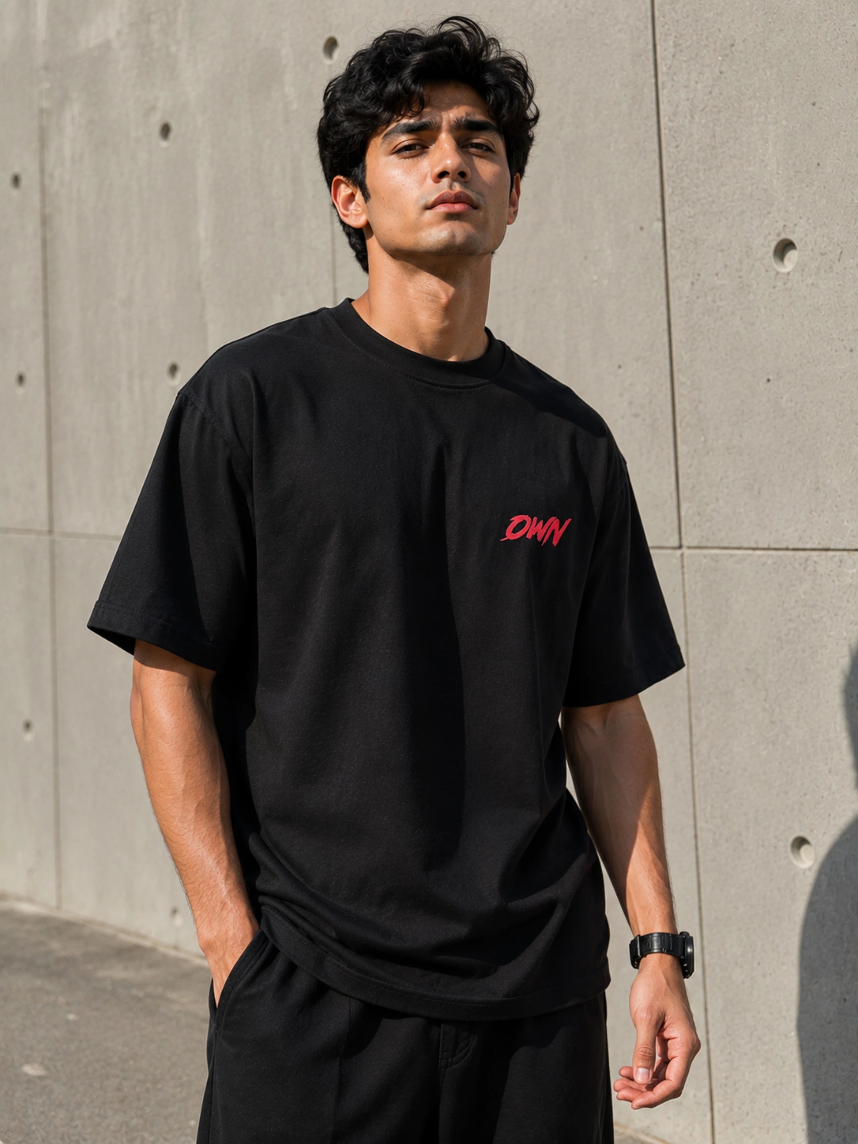 Oversized fit black Martial Artists T-shirt For Men by Bandar Baant Collections with minimal red logo