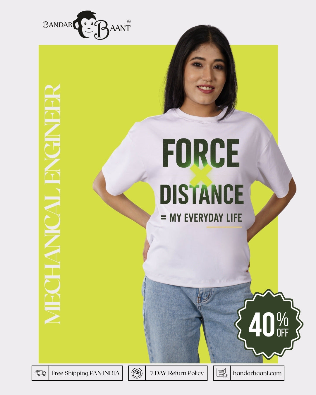 Mechanical Engineer Graphic t shirts for women oversized fit white tshirt with force distance design