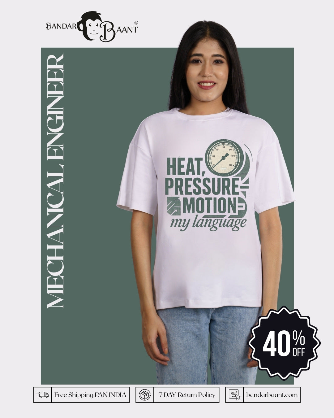 Mechanical Engineer Oversized Tshirt For Women in white with heat pressure motion graphic from Bandar Baant Collections