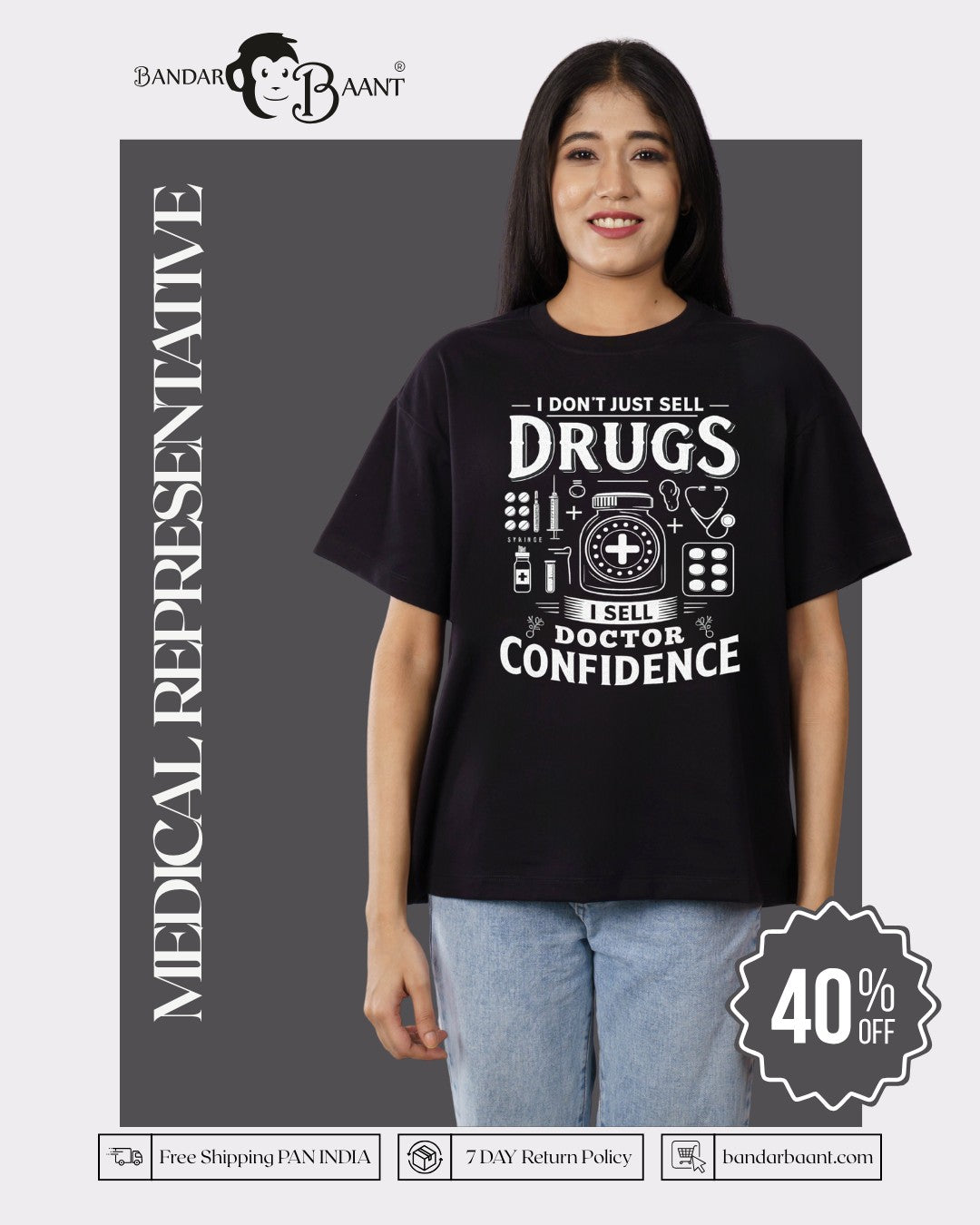 Medical Representative Oversized Tshirt For Women black oversized fit t-shirt with confidence doctor design