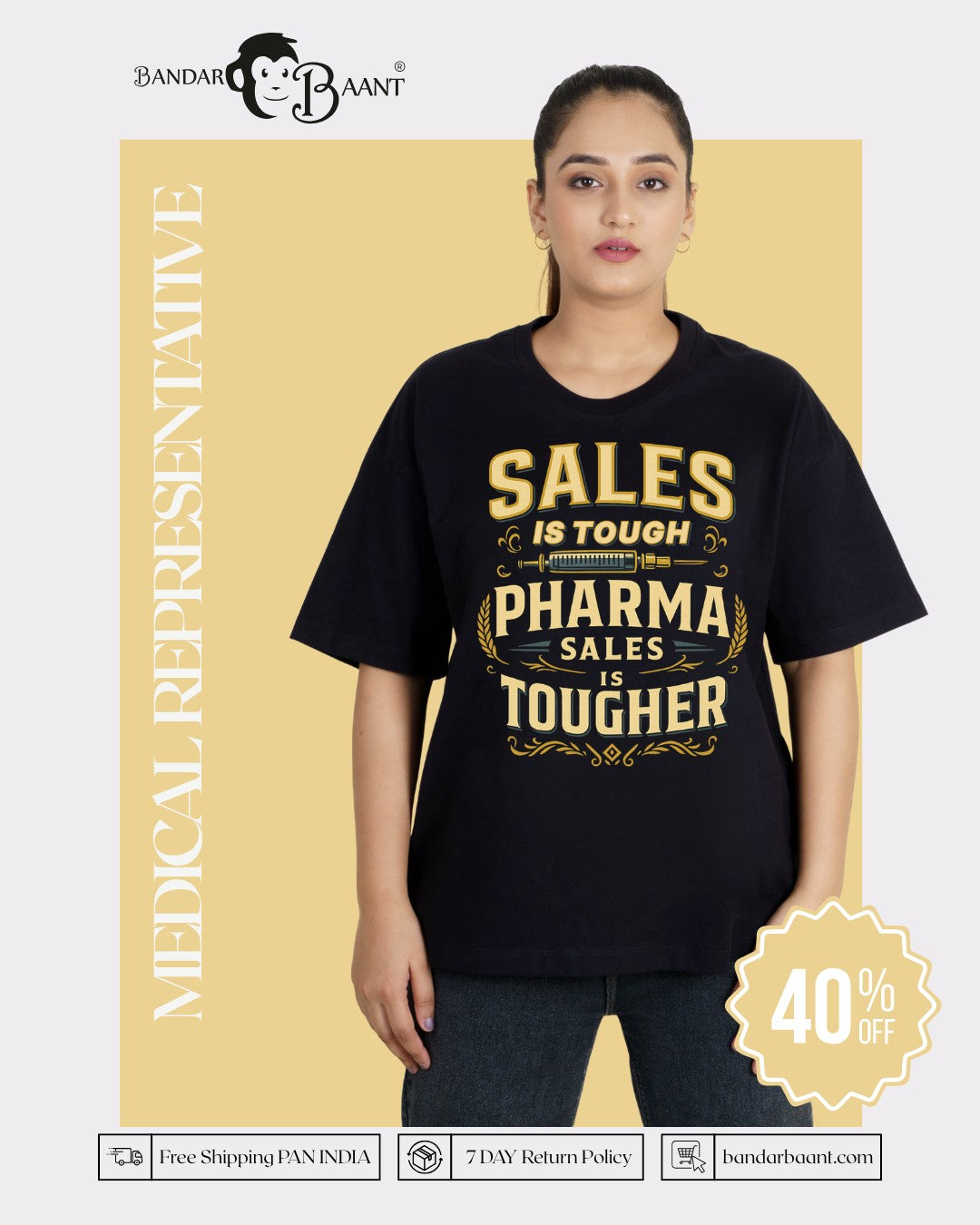 Medical Representative Oversized Tshirt For Women black with pharma sales graphic by Bandar Baant Collections