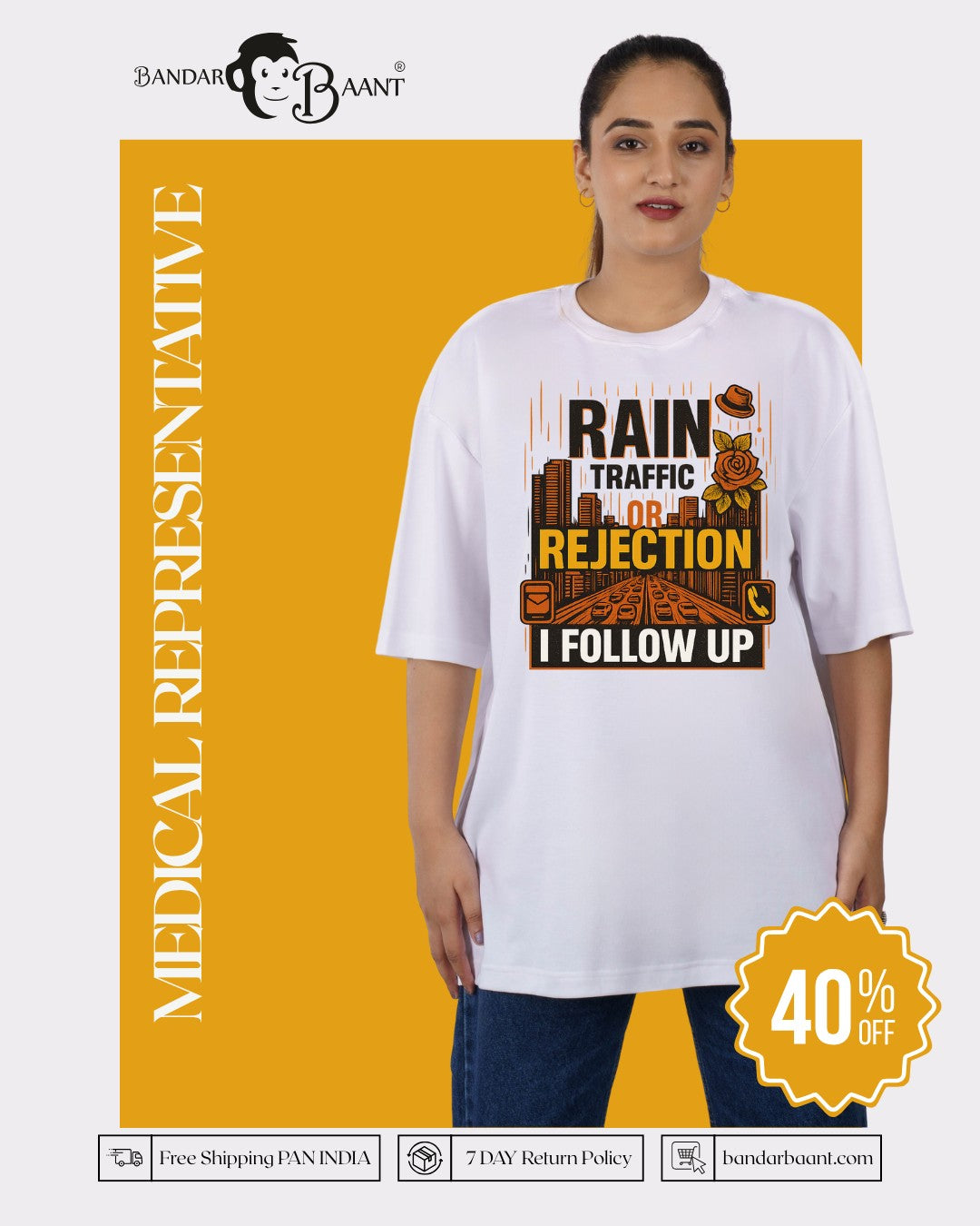 Medical Representative Tshirt For Women oversized fit white tshirt with bold graphic print by Bandar Baant Collections