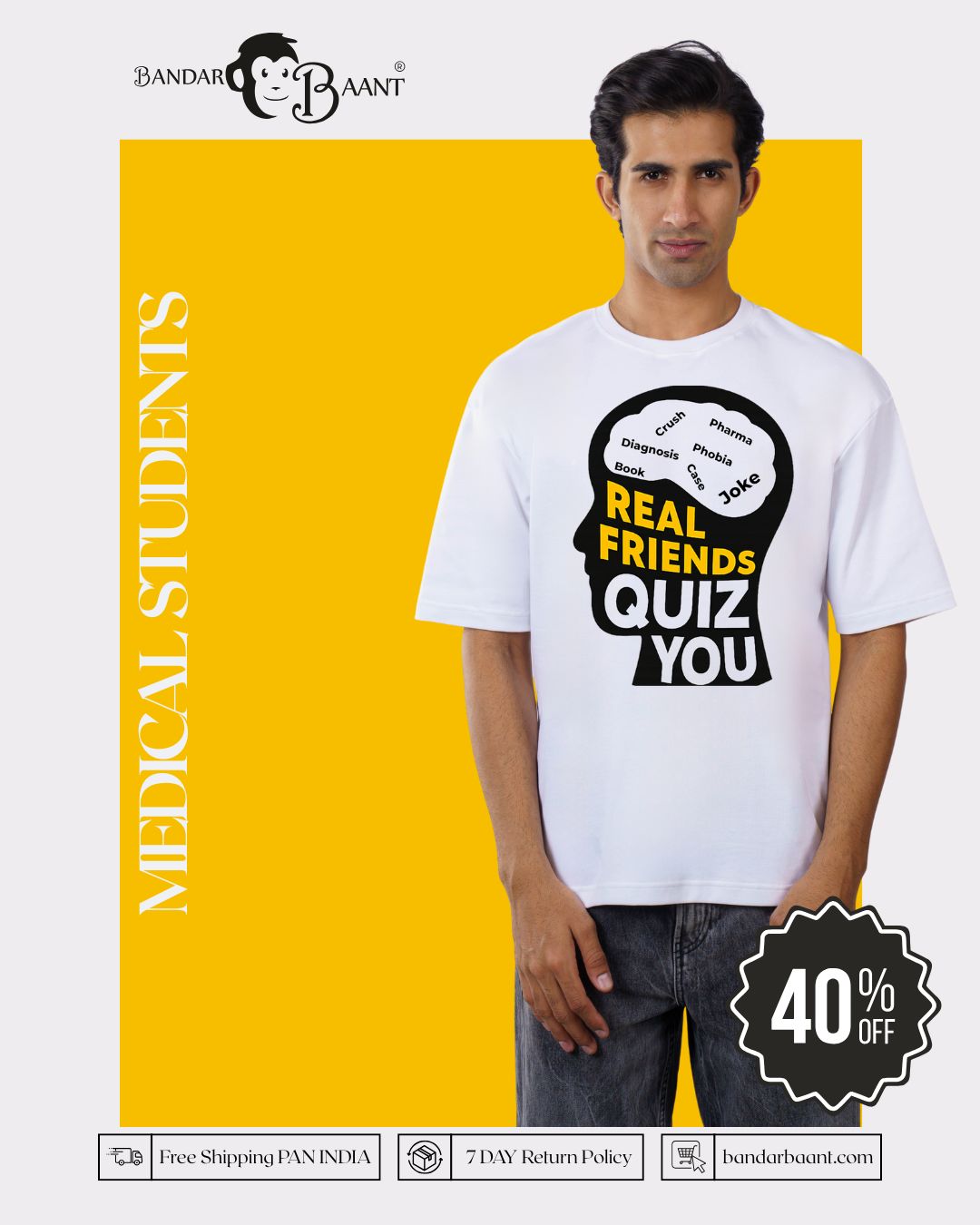 Oversized fit white Graphics Tshirt For Men with real friends quiz print from Bandar Baant Collections