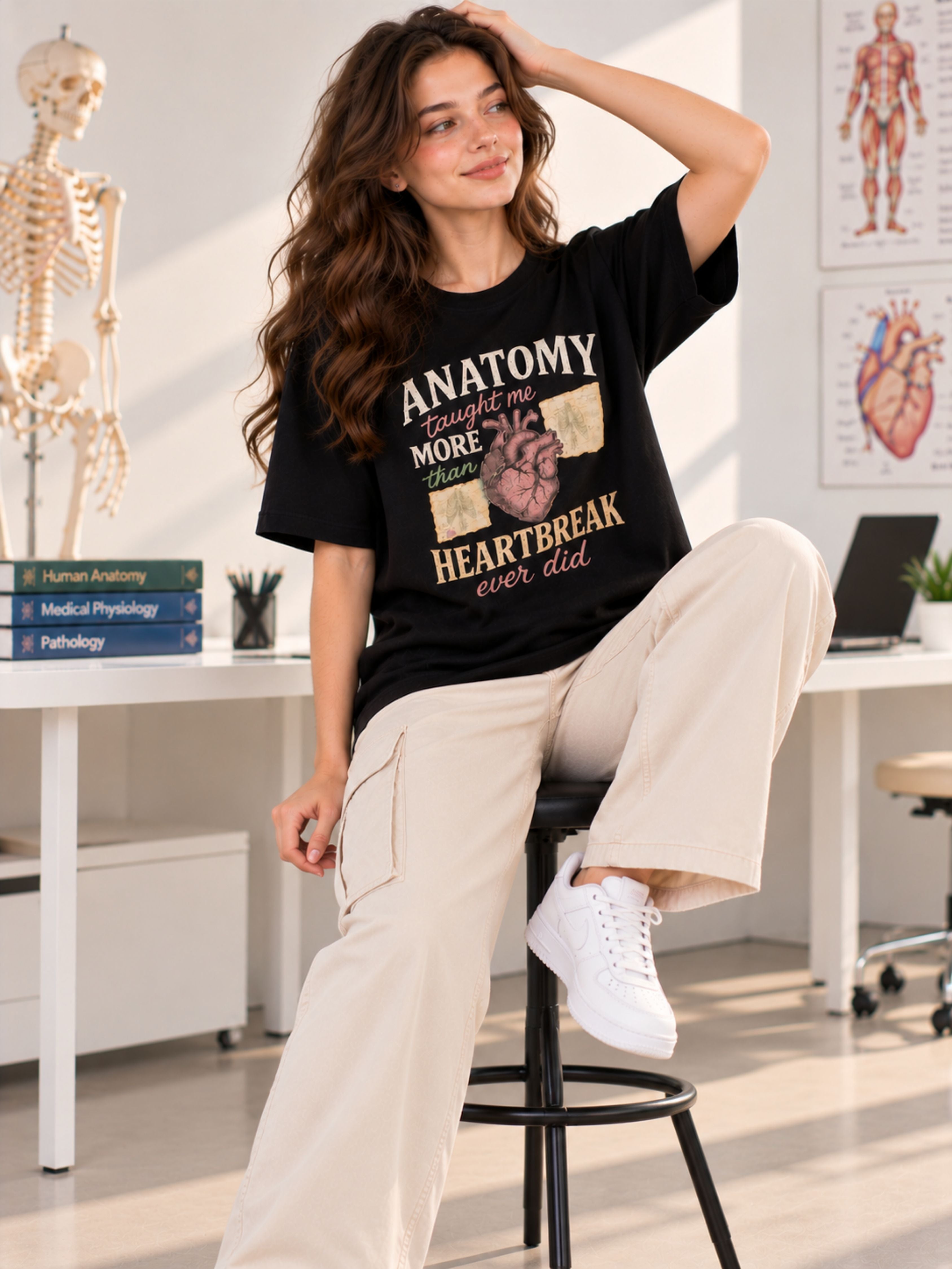 Medical Students Tshirt For Women oversized fit black t-shirt with anatomy print worn by woman sitting on stool