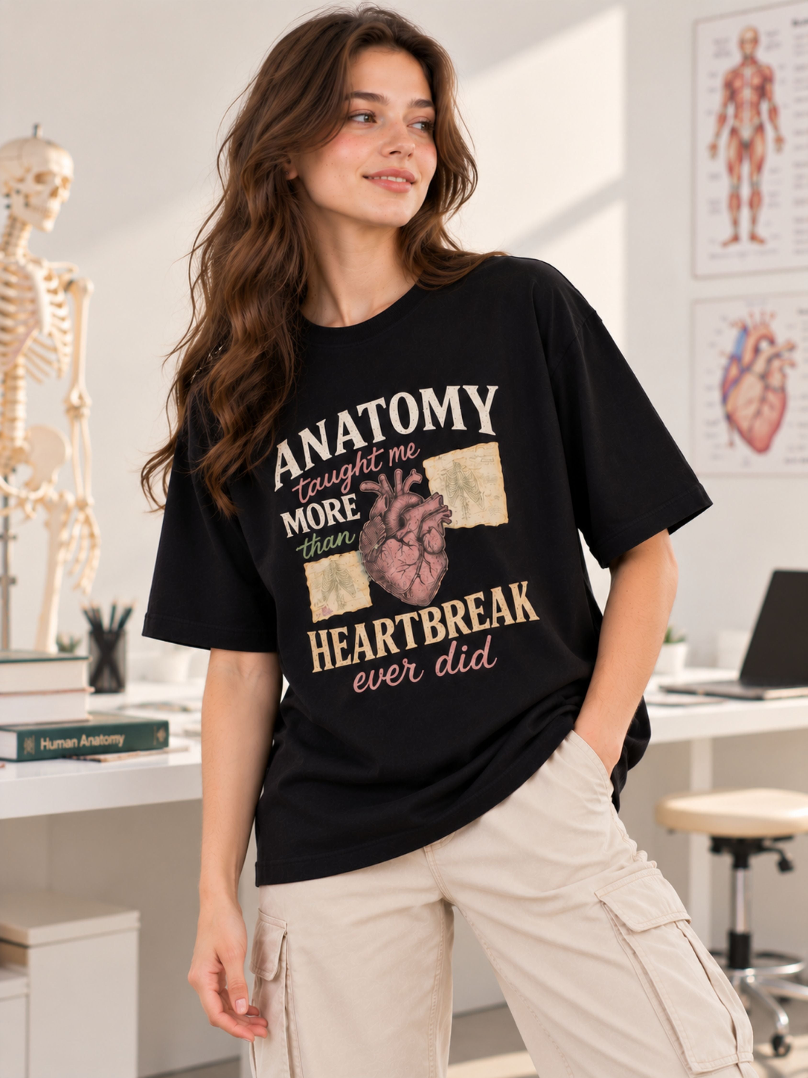 Medical Students Tshirt For Women oversized fit black tshirt with anatomy and heart design from Bandar Baant Collections