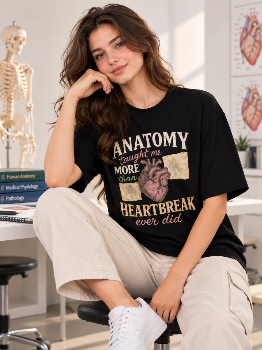 Oversized fit Medical Students Tshirt For Women in black with anatomy heart graphic and text design