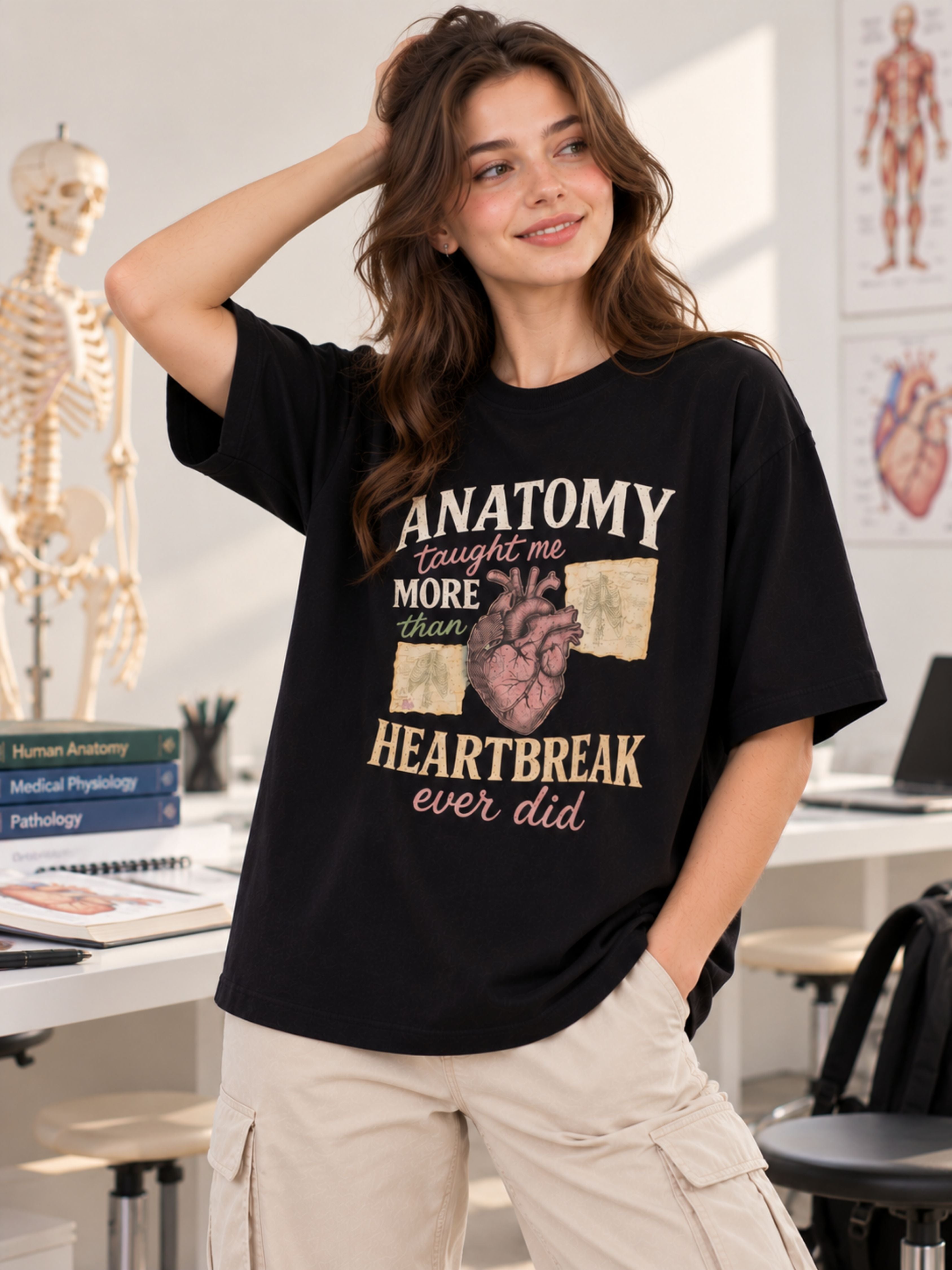 Medical Students Tshirt For Women oversized fit black tee with anatomy heart graphic from Bandar Baant Collections