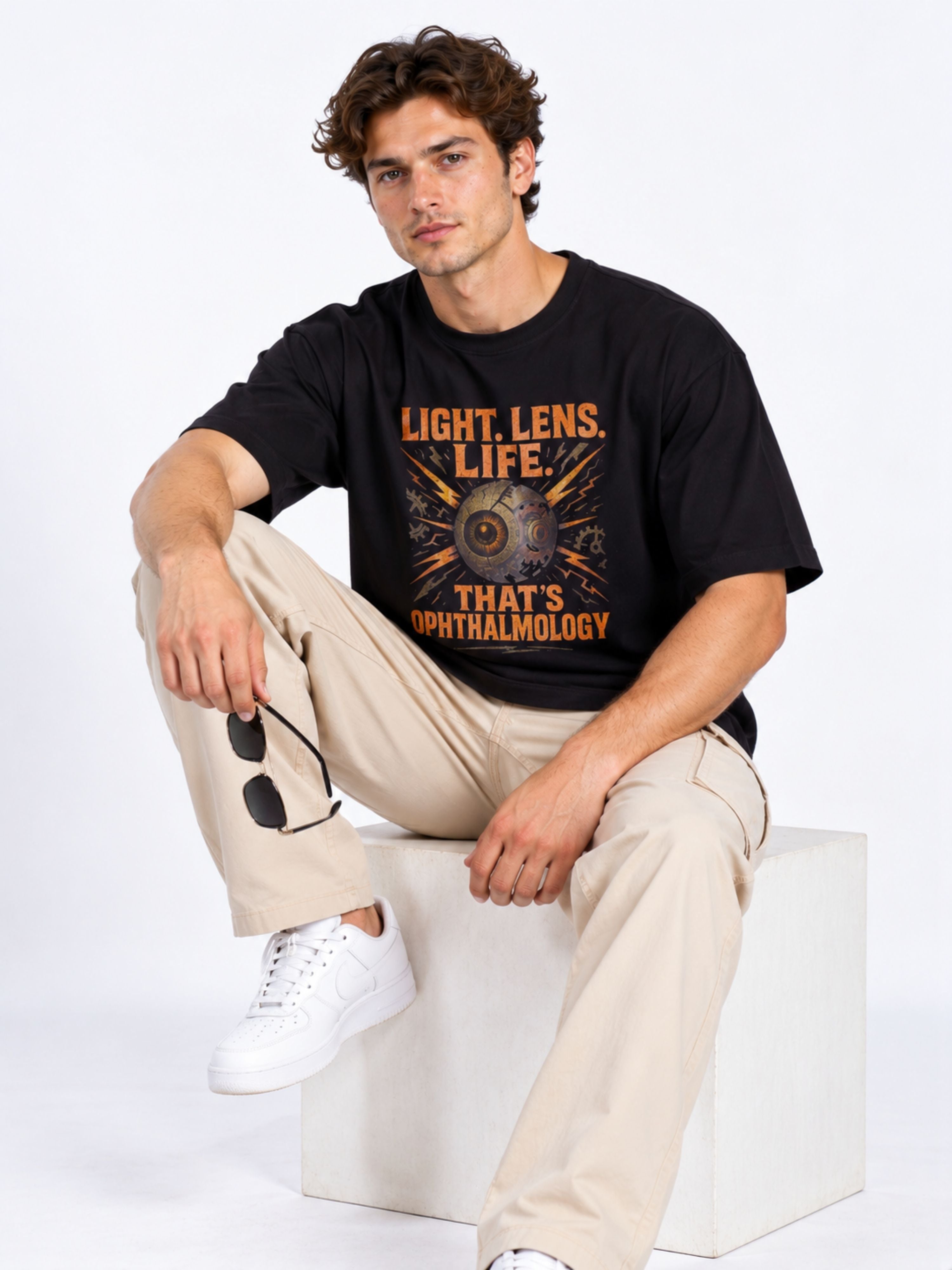 Opthalmologist T-shirt For Men oversized fit black tee with eye graphic and text worn by male model