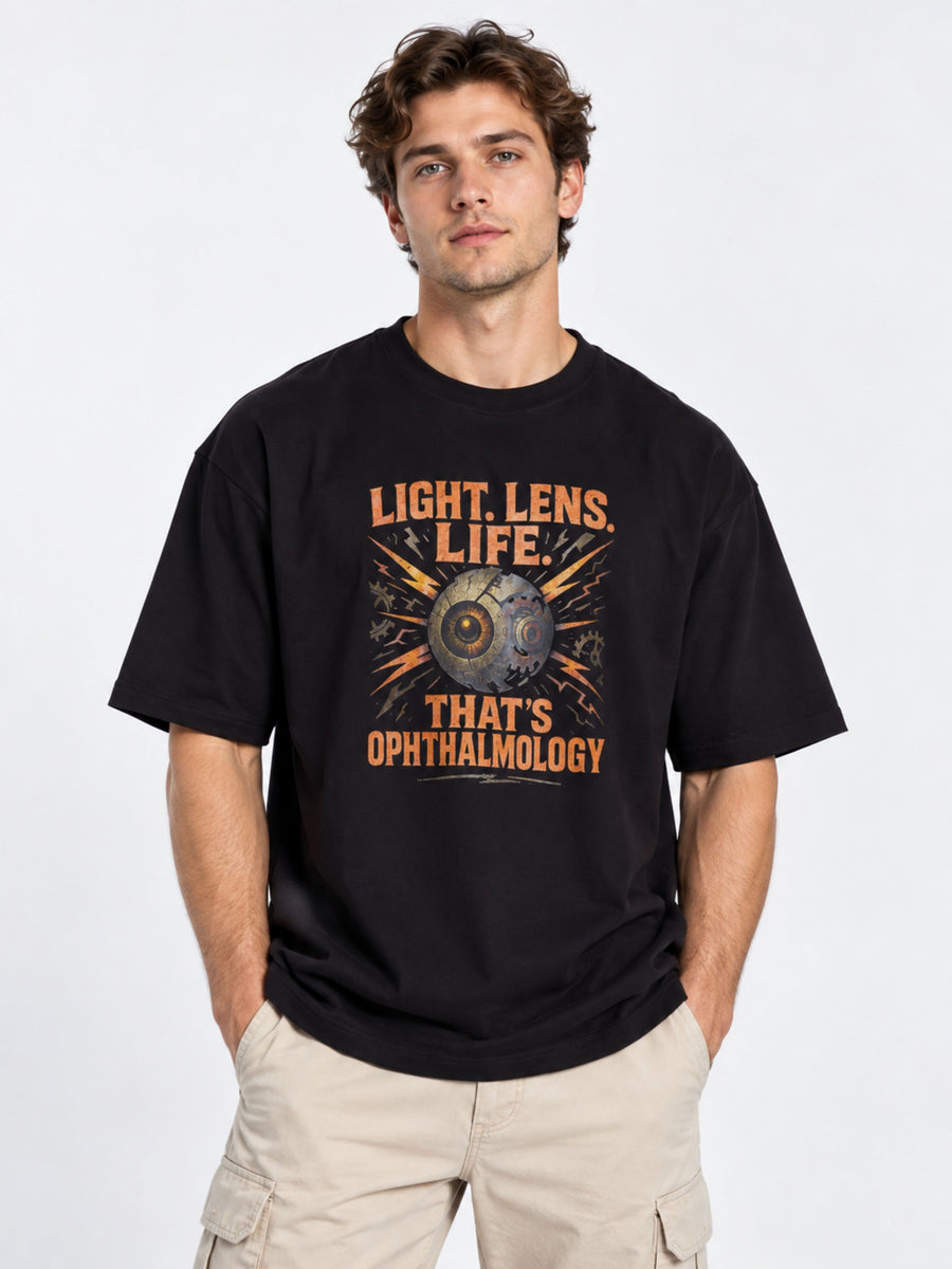 Oversized fit Opthalmologist T-shirt For Men in black with graphic design and text Light Lens Life