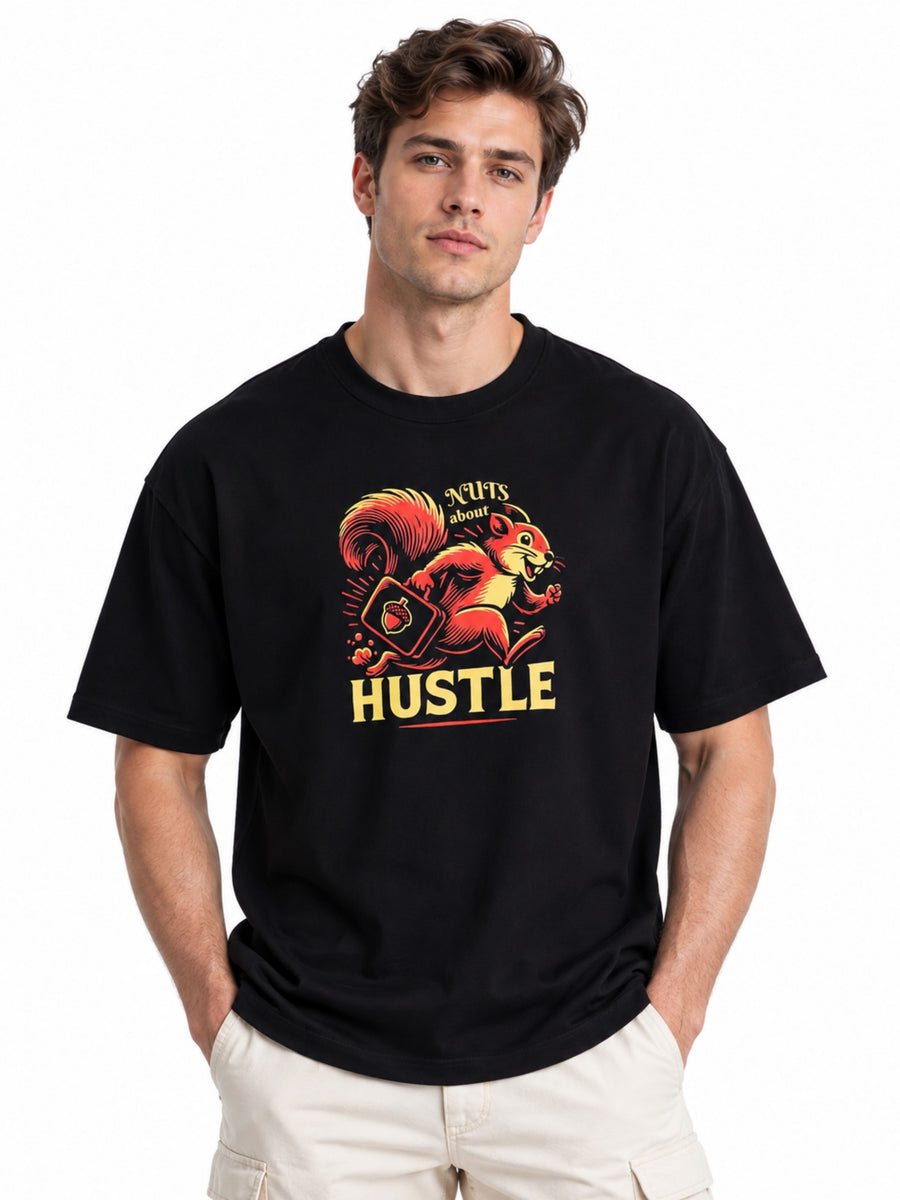 Black oversized T-Shirt for Men with colorful hustle squirrel graphic from Bandar Baant Collections