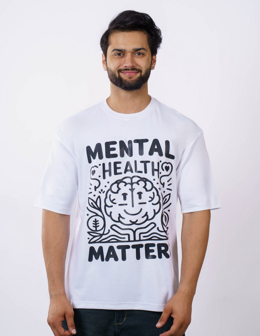 Bandar Baant Collections oversized fit Graphic Tshirt For Men in white with mental health design
