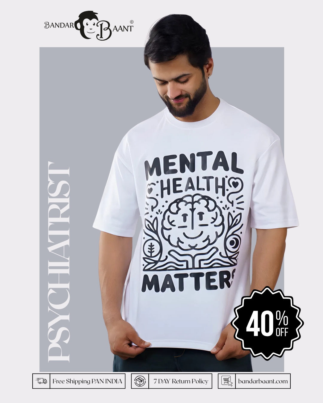 Oversized fit white Graphic Tshirt For Men with mental health matters design by Bandar Baant Collections