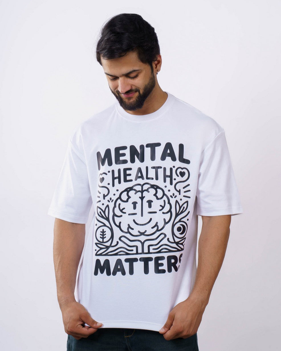 Oversized fit Bandar Baant Collections graphic tshirt for men in white with mental health matters design