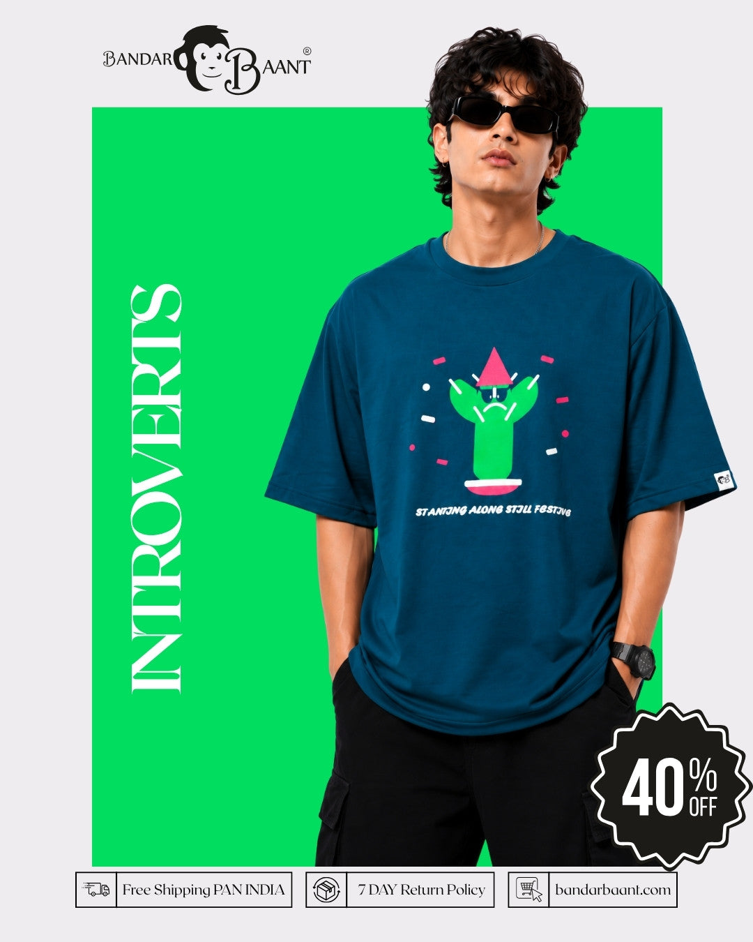Oversized T-Shirt for Men Trendy Color Teal by Bandar Baant Collections with cactus graphic design