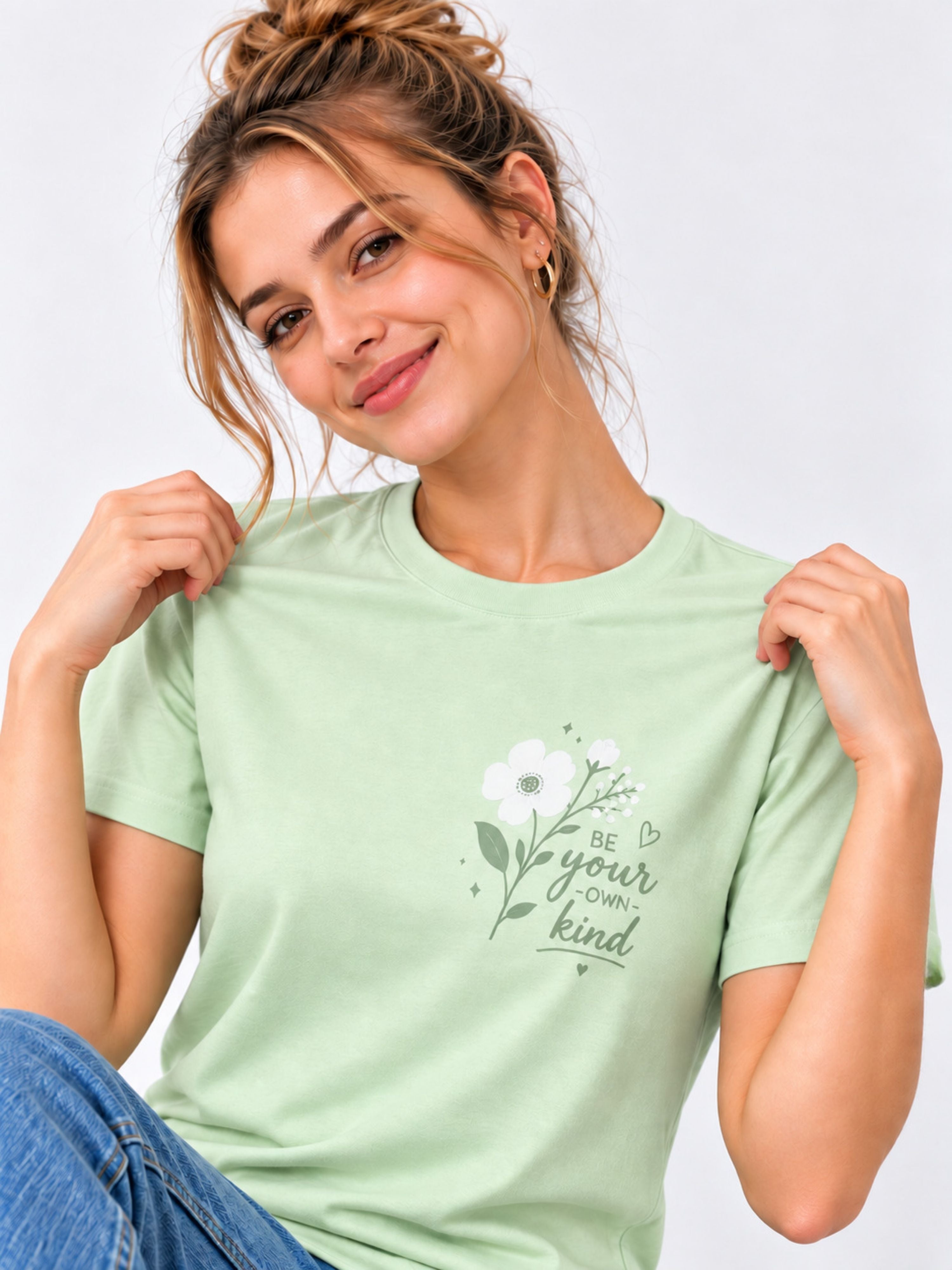 Light green Bandar Baant Collections regular fit T-Shirt for women with floral design and text print