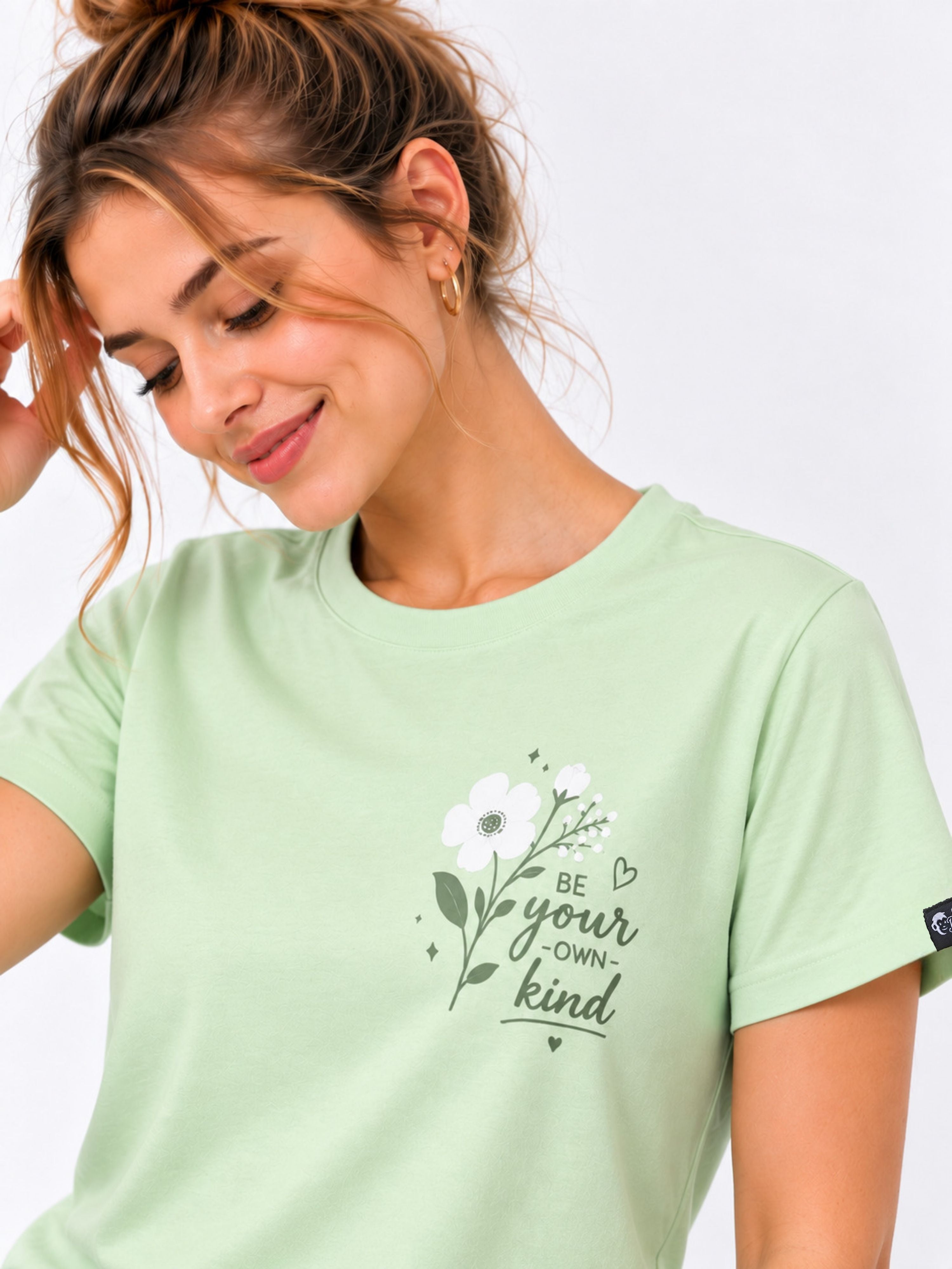 Bandar Baant Collections light green Regular Fit T-Shirt for Women with floral graphic and motivational text