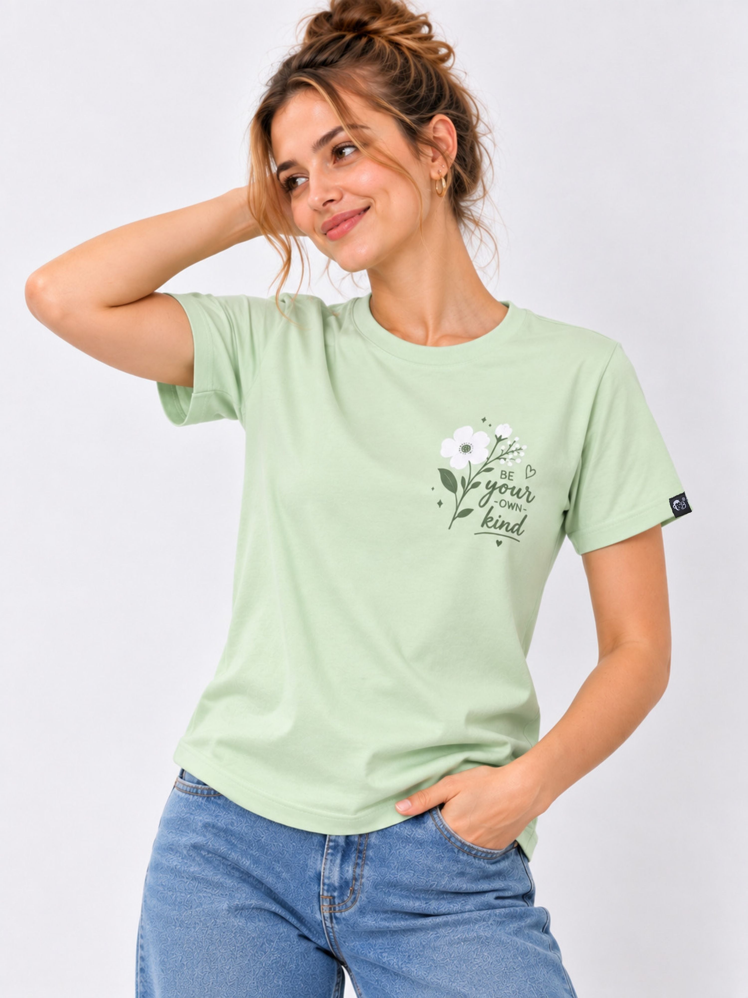 Light green Regular Fit T-Shirt for Women with floral graphic and slogan from Bandar Baant Collections