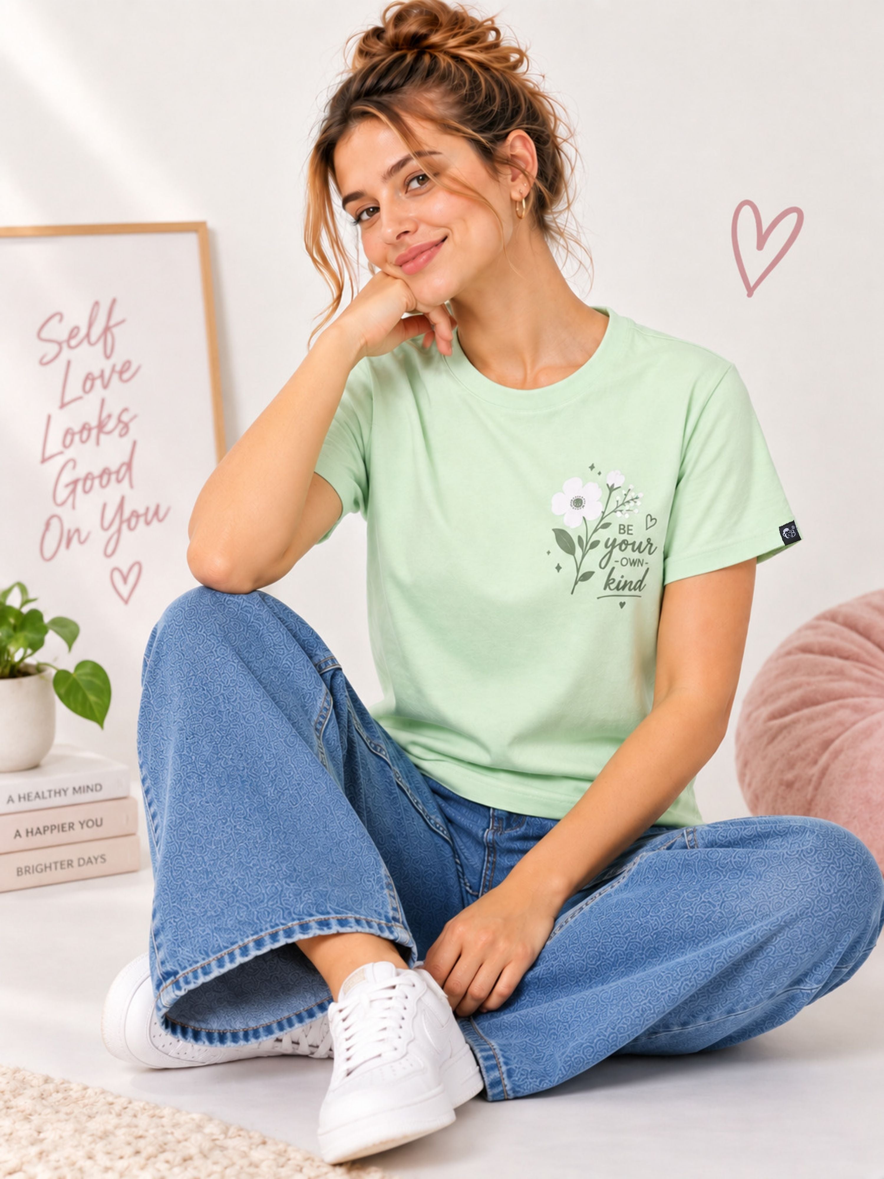 Bandar Baant Collections Regular Fit T-Shirt for Women in light green with floral print and positive message