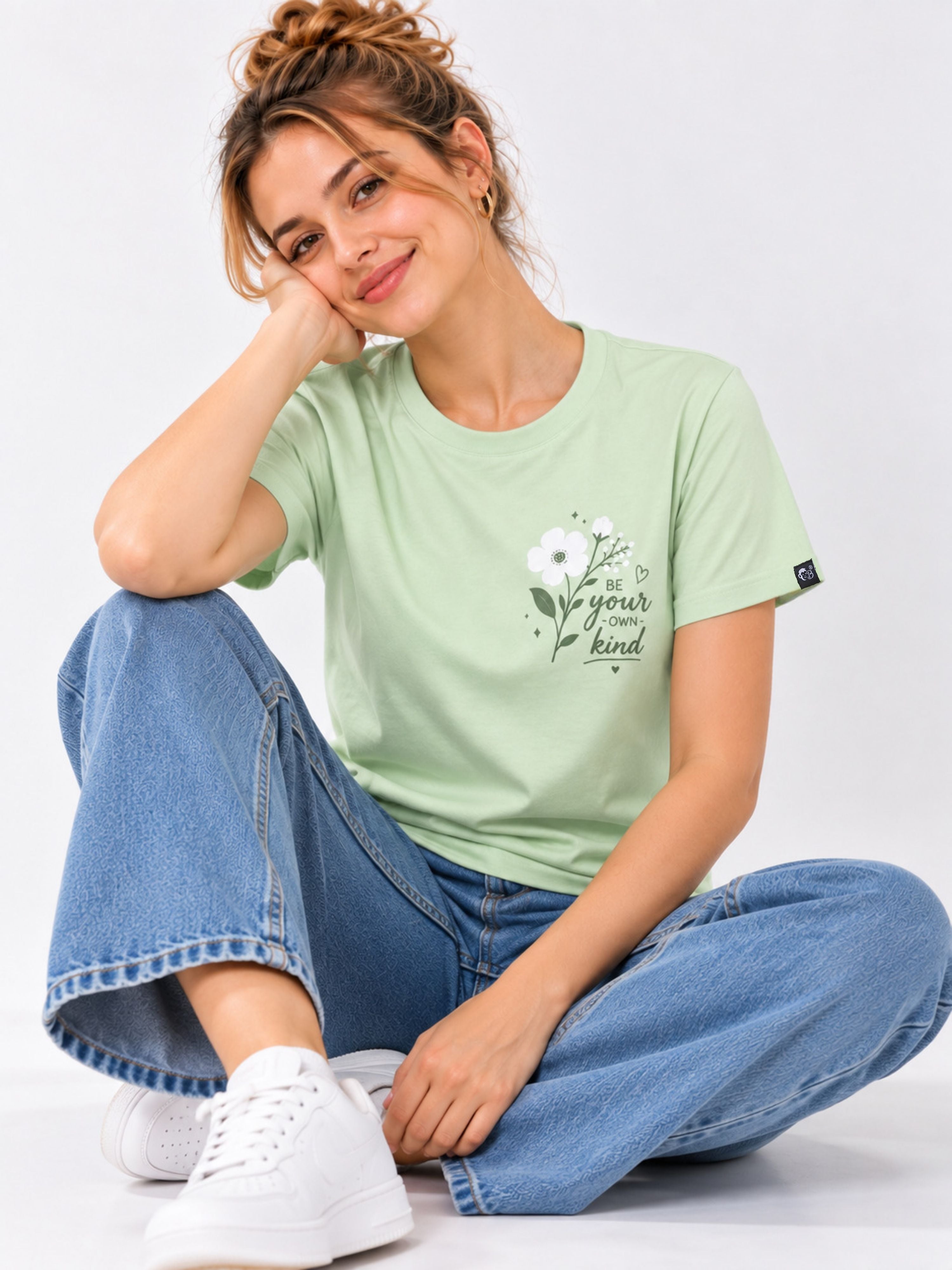 Regular Fit T-Shirt for Women in light green with floral print and text be your kind from Bandar Baant Collections