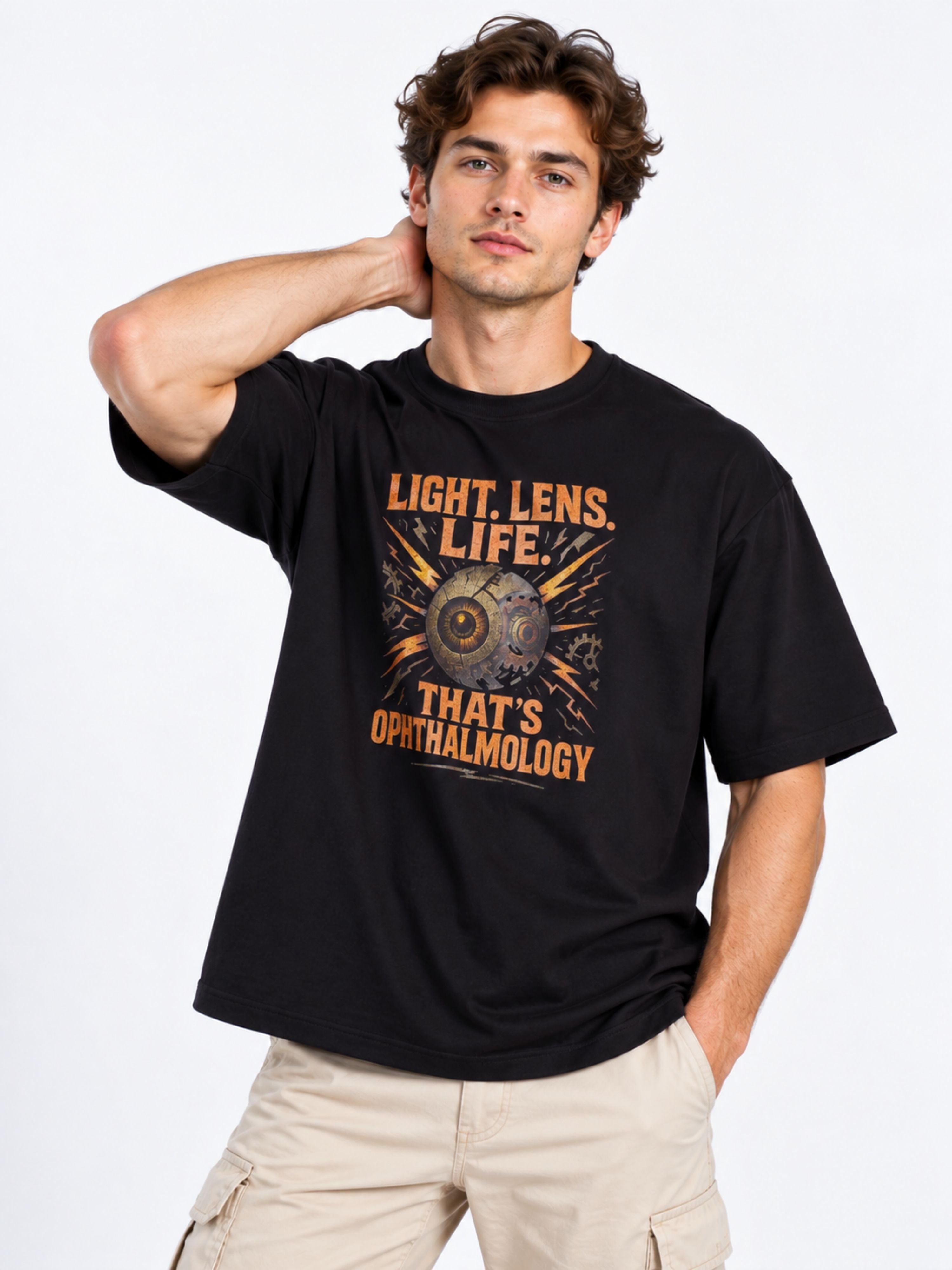 Black oversized fit Opthalmologist T-shirt For Men with graphic light lens and eye design from Bandar Baant Collections