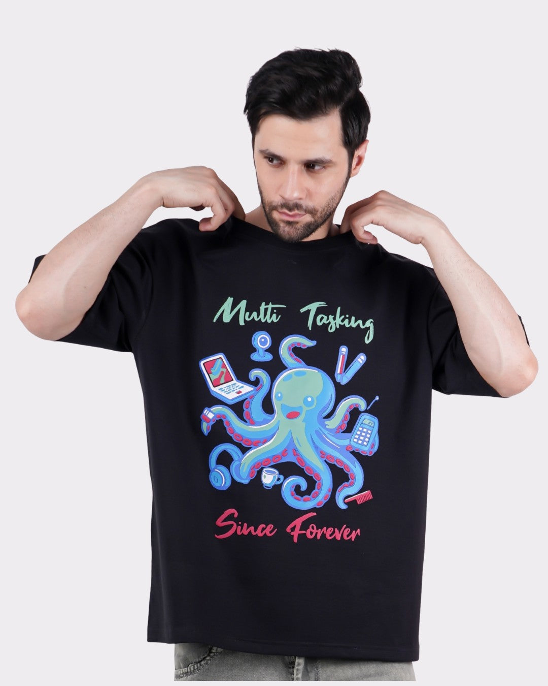 Multitasking Since Forever | Octopus Animal Archetype Oversized T-Shirt For Men by Bandar Baant Collections in black