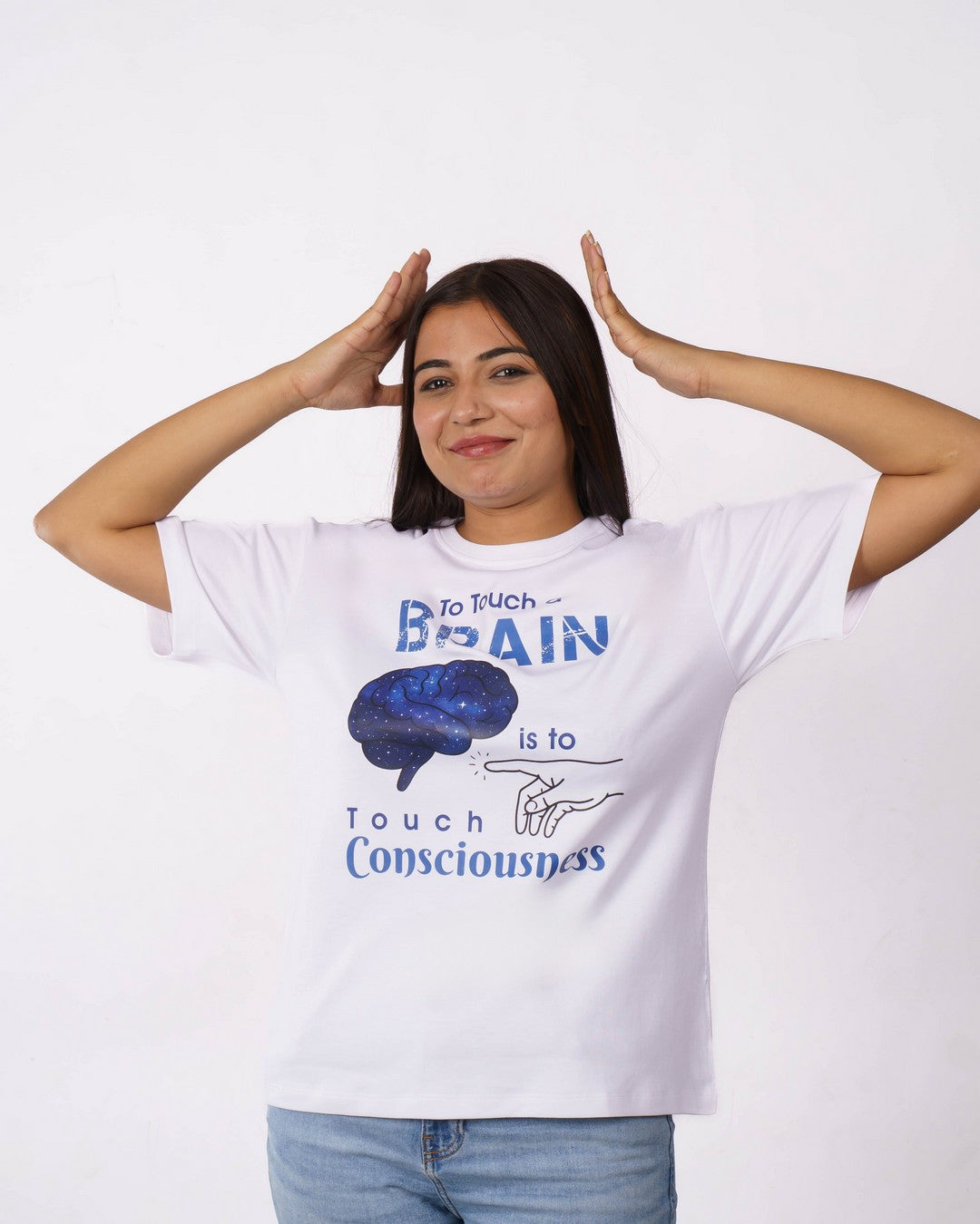 Woman wearing oversized fit Neurologist Printed Tshirt For Women with brain graphic and text design