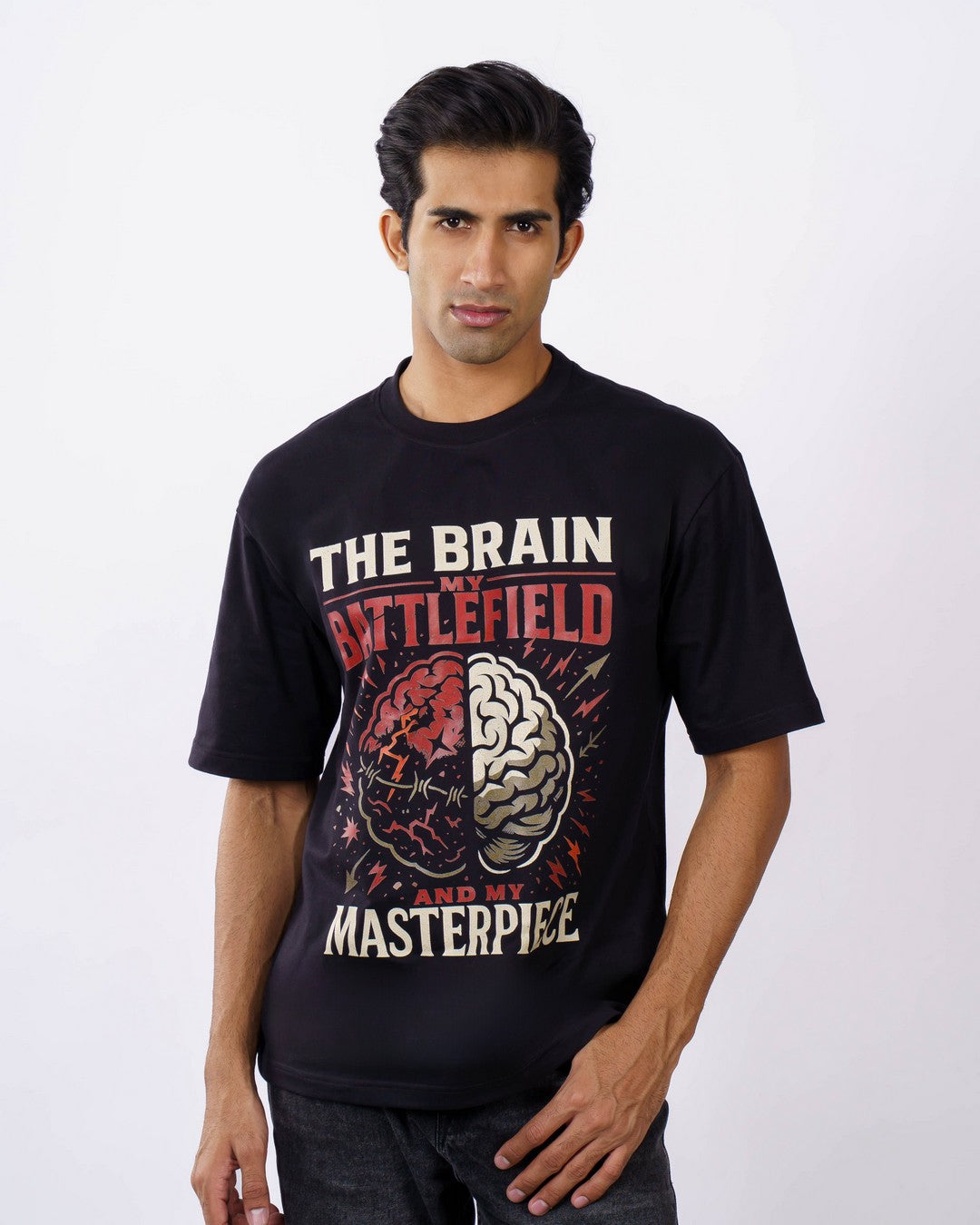 Neurologist Trendy Tshirt For Men oversized fit black tshirt with brain battlefield graphic design