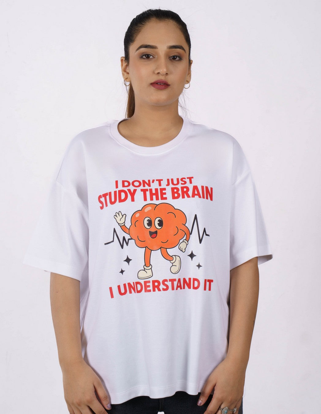 White oversized fit Neurologist Tshirt For Women with brain graphic and study the brain text