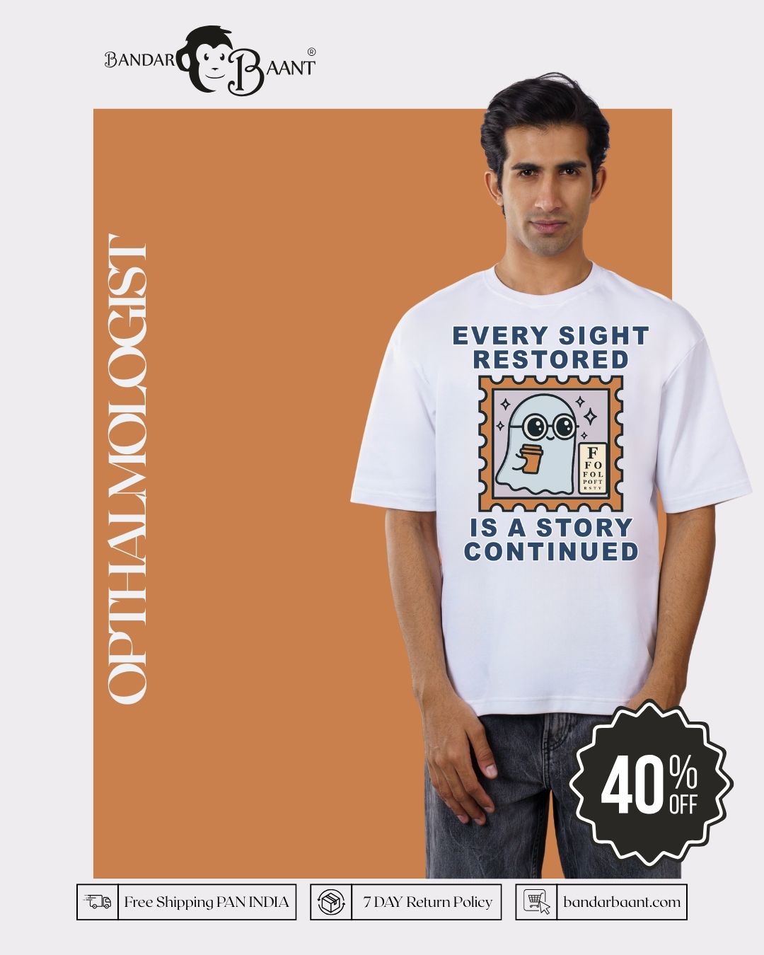 Oversized fit Opthalmologist T-shirt For Men in white with eye chart design and slogan every sight restored