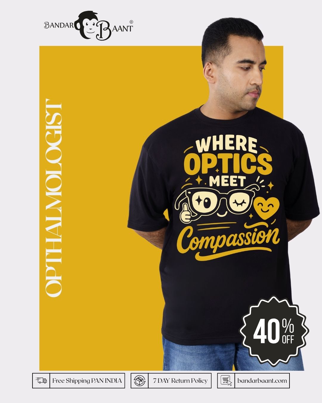 Opthalmologist Trendy Tshirt For Men oversized fit black tshirt with yellow optics and compassion design