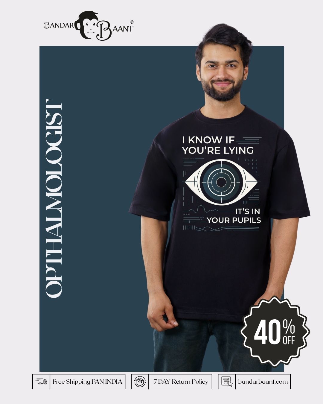 Opthalmologist Tshirt For Men oversized fit black tee with eye graphic and text design