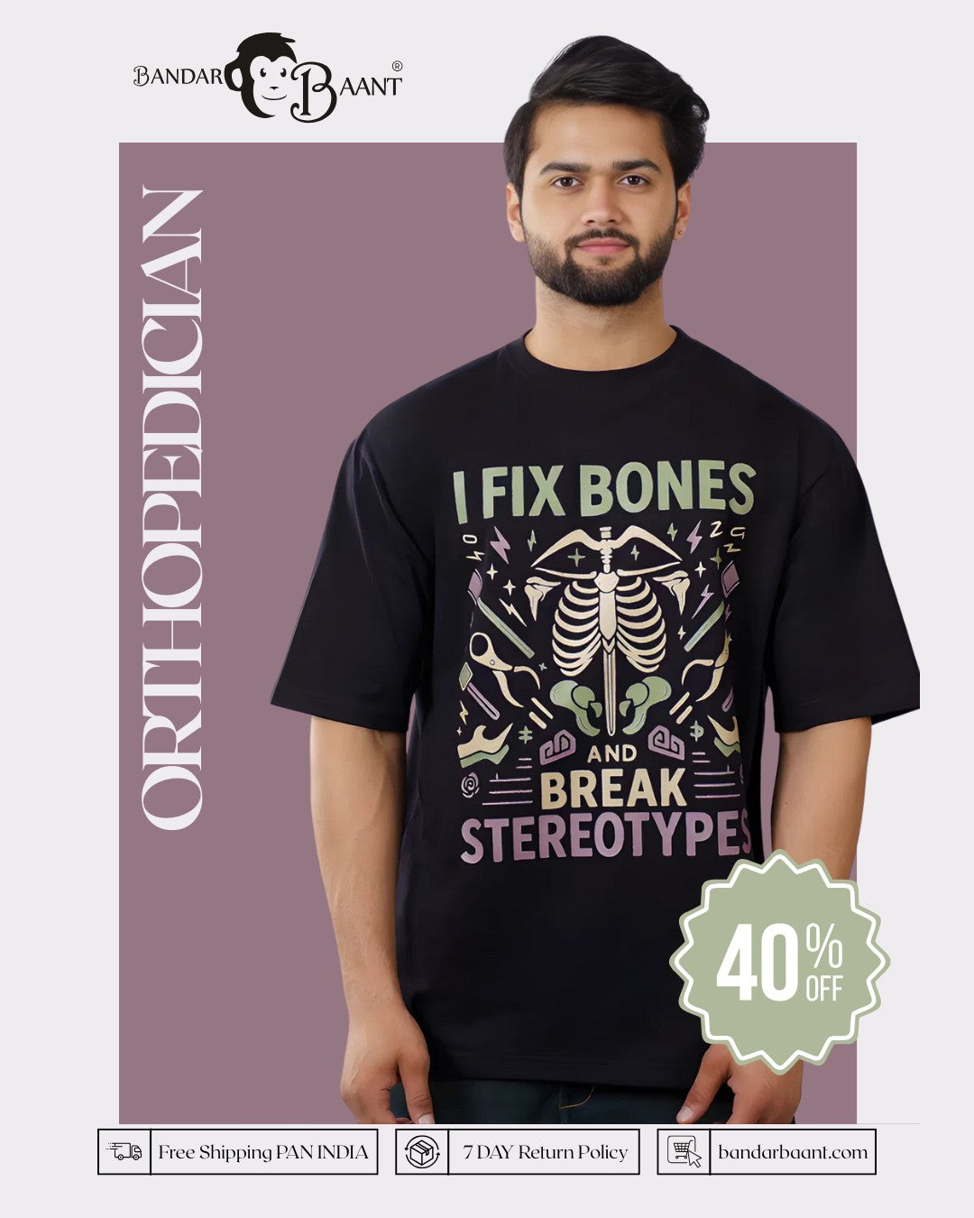 Orthopedician Printed Tshirt For Men oversized fit black tshirt with graphic bone design by Bandar Baant Collections