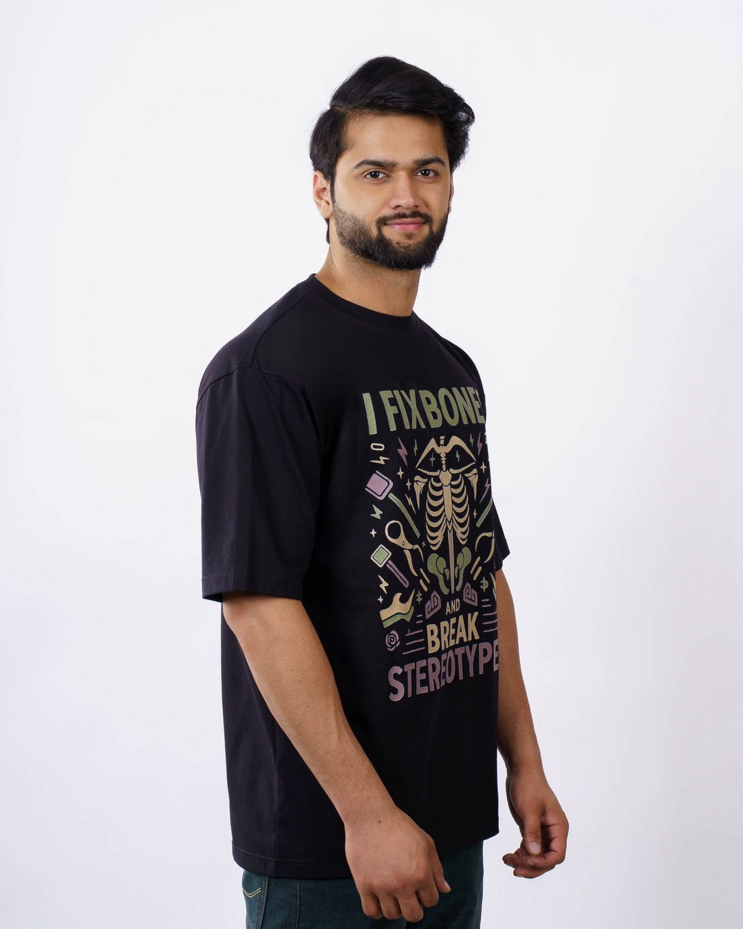 Bandar Baant Collections oversized fit Orthopedician Printed Tshirt For Men in black with unique skeleton graphic