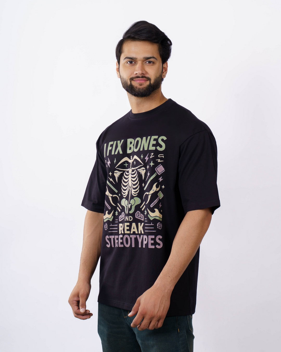 Orthopedician Printed Tshirt For Men oversized fit black Tshirt with skeleton graphic and text design