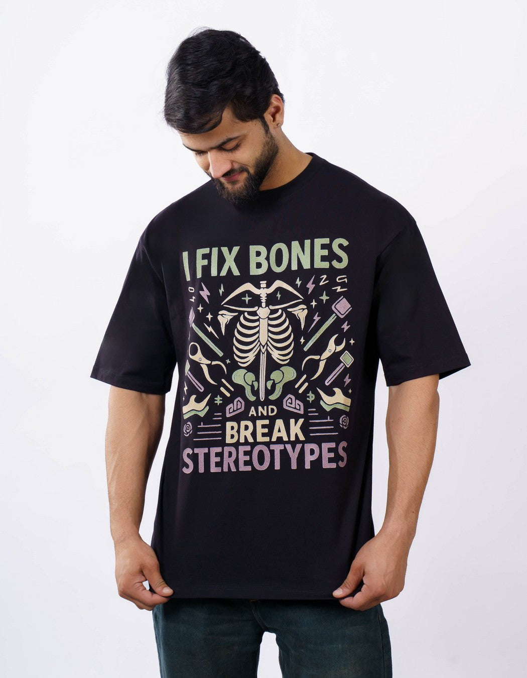 Orthopedician Printed Tshirt For Men oversized fit black tshirt with skeleton and medical tools graphic