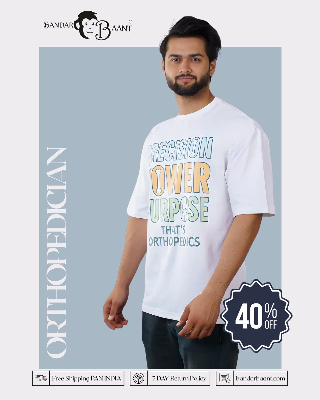 Orthopedician T-shirt For Men oversized fit white casual shirt with graphic text from Bandar Baant Collections